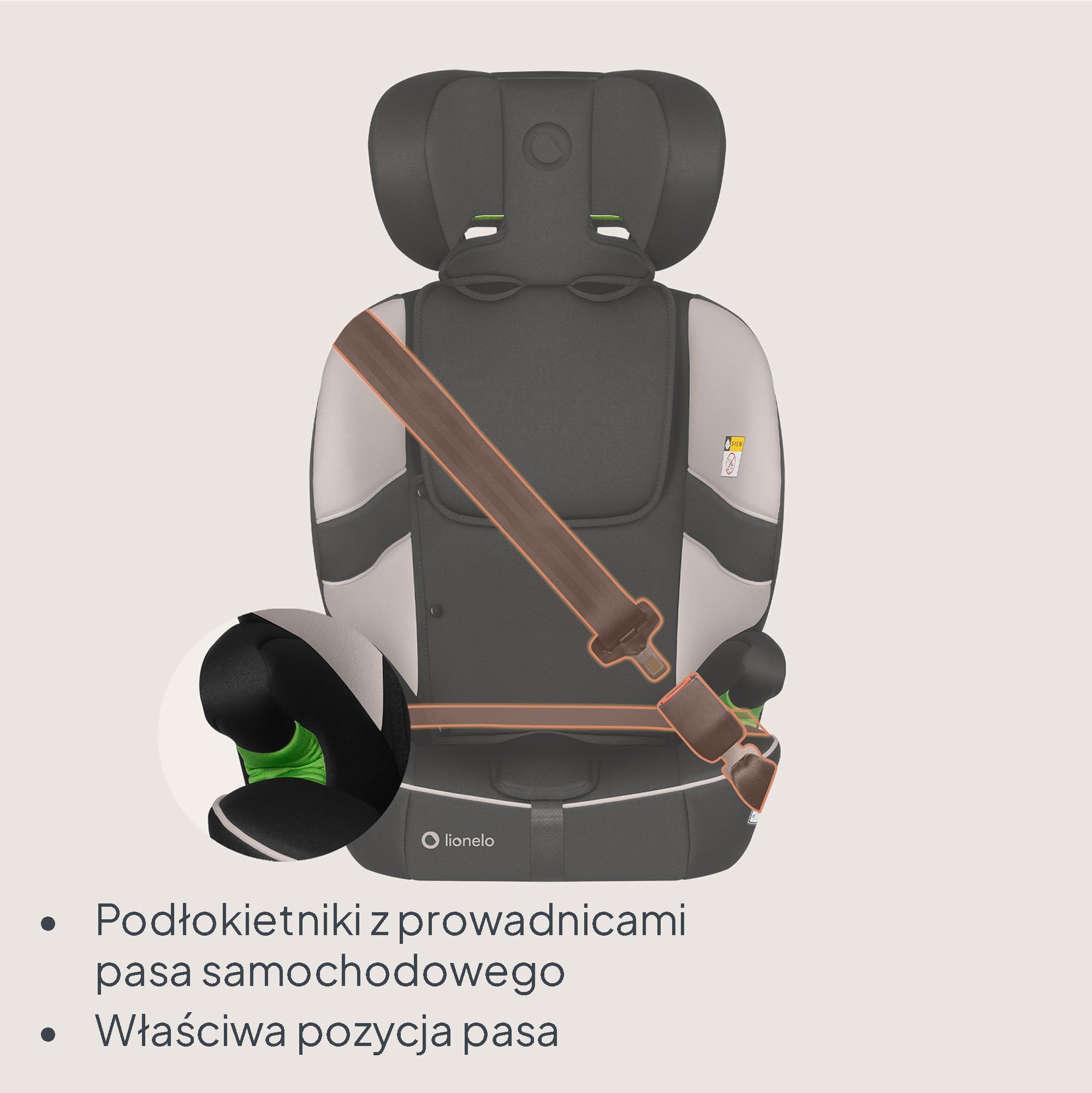 LIONELO Fotelik samochodowy Billy i-Size dla dzieci 76-150 cm (15 miesięcy – 12 lat) montaż na pasku lub na pasku, 10-pozycyjny zagłówek, ochrona boczna, górny pasek mocujący, 5-punktowa uprząż z