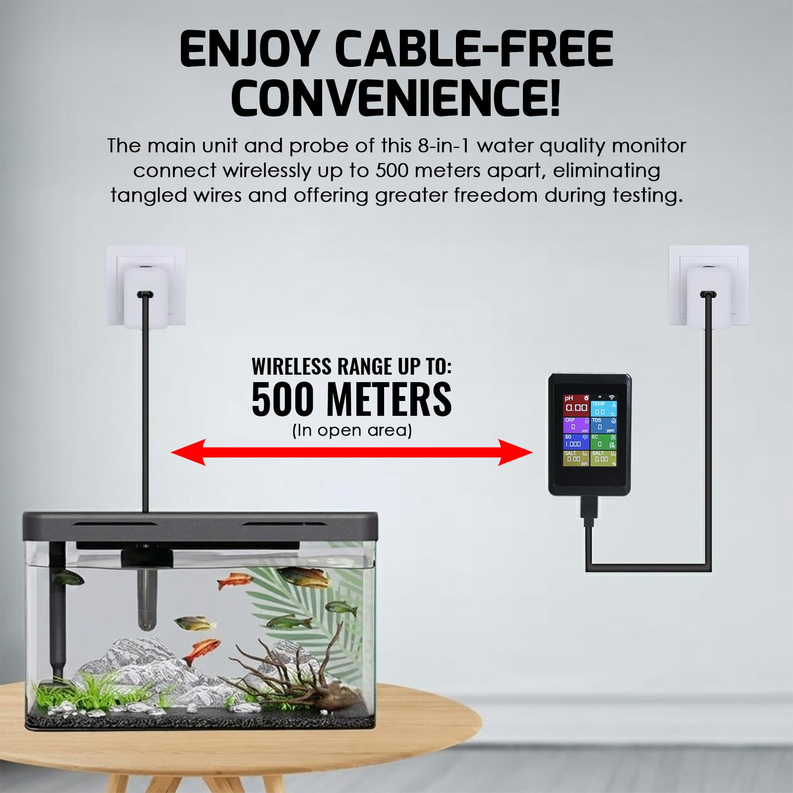 Inteligentne WLAN-pH-Messgerät, 8-in-1-Wasserqualitätstester for Hydroponik, Aquarian i Pools, misst pH, EC, TDS, Salzgehalt, ORP, SG i Temperatur dla App-Steuerung.