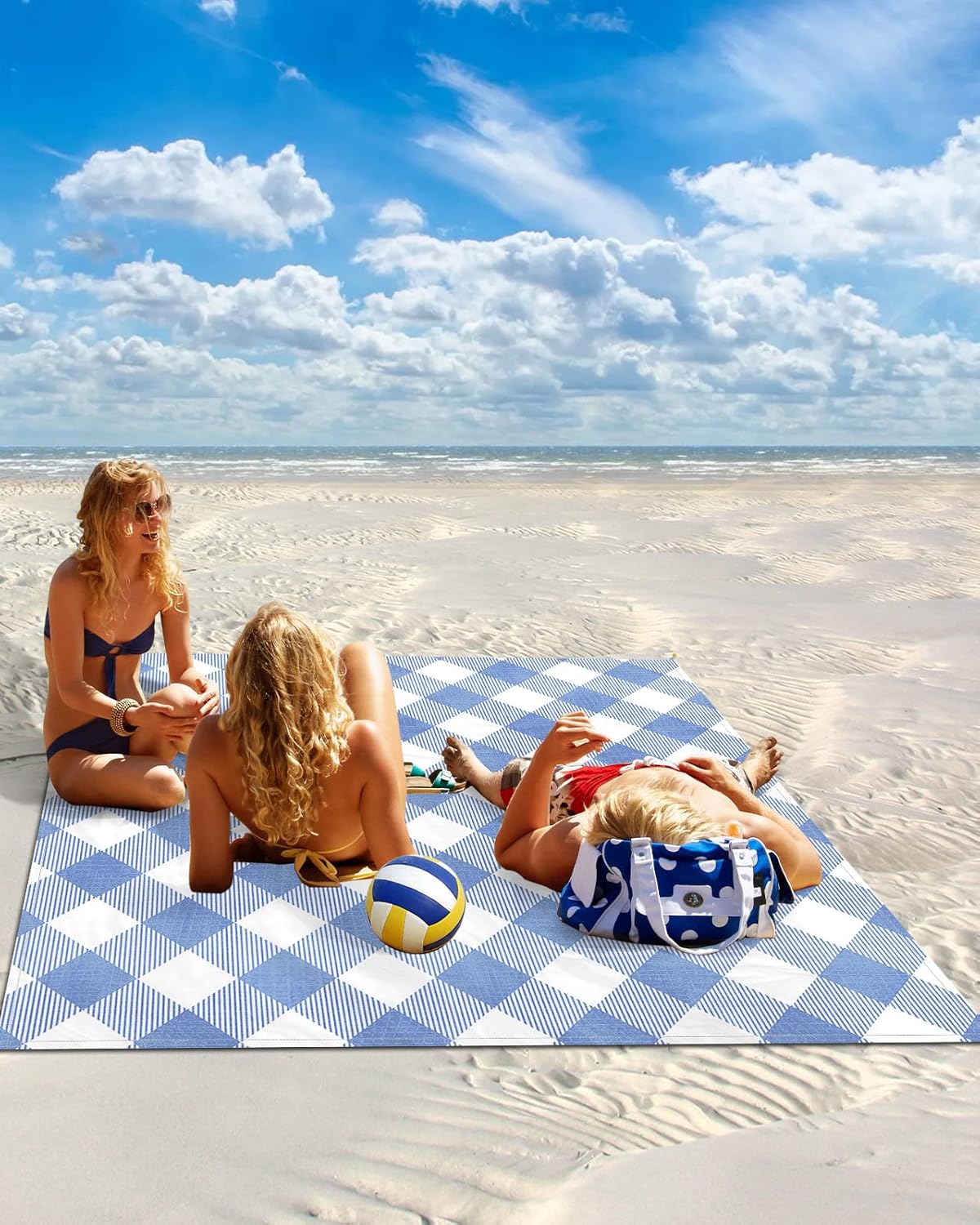 Farmhouse Diamond Plaid Beach Blanket Waterproof Sandproof Outdoor Picnic Mat 118"x108" Buffalo Lattice Tartan Lightweight Large Beaach Blankets with 4 Stake & 4 Corner Pockets
