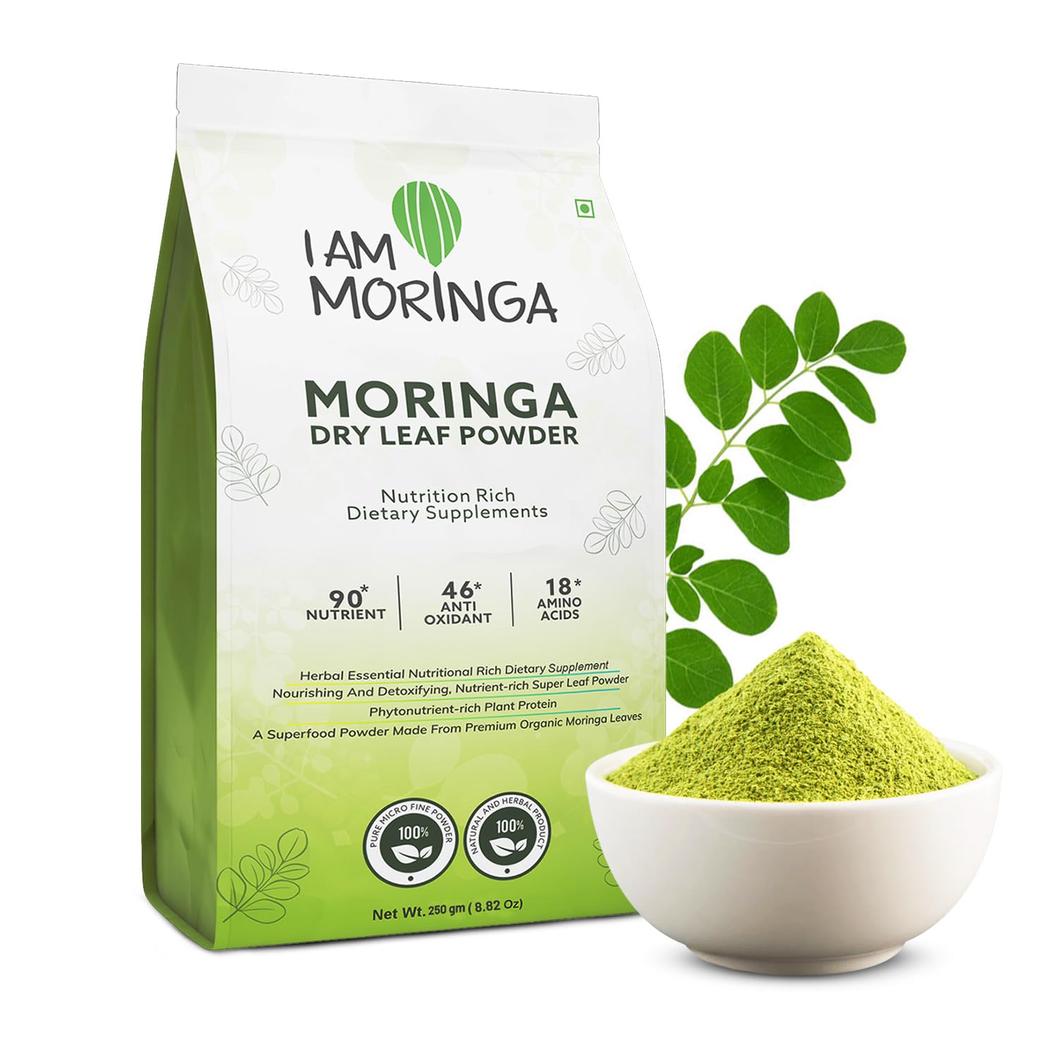 I AM MORINGA Moringa Powder 500 gm, 100% Natural Drumstick Leaf Powder Good for Skin, Hair with No Chemicals and Preservatives (250 gms X 2)