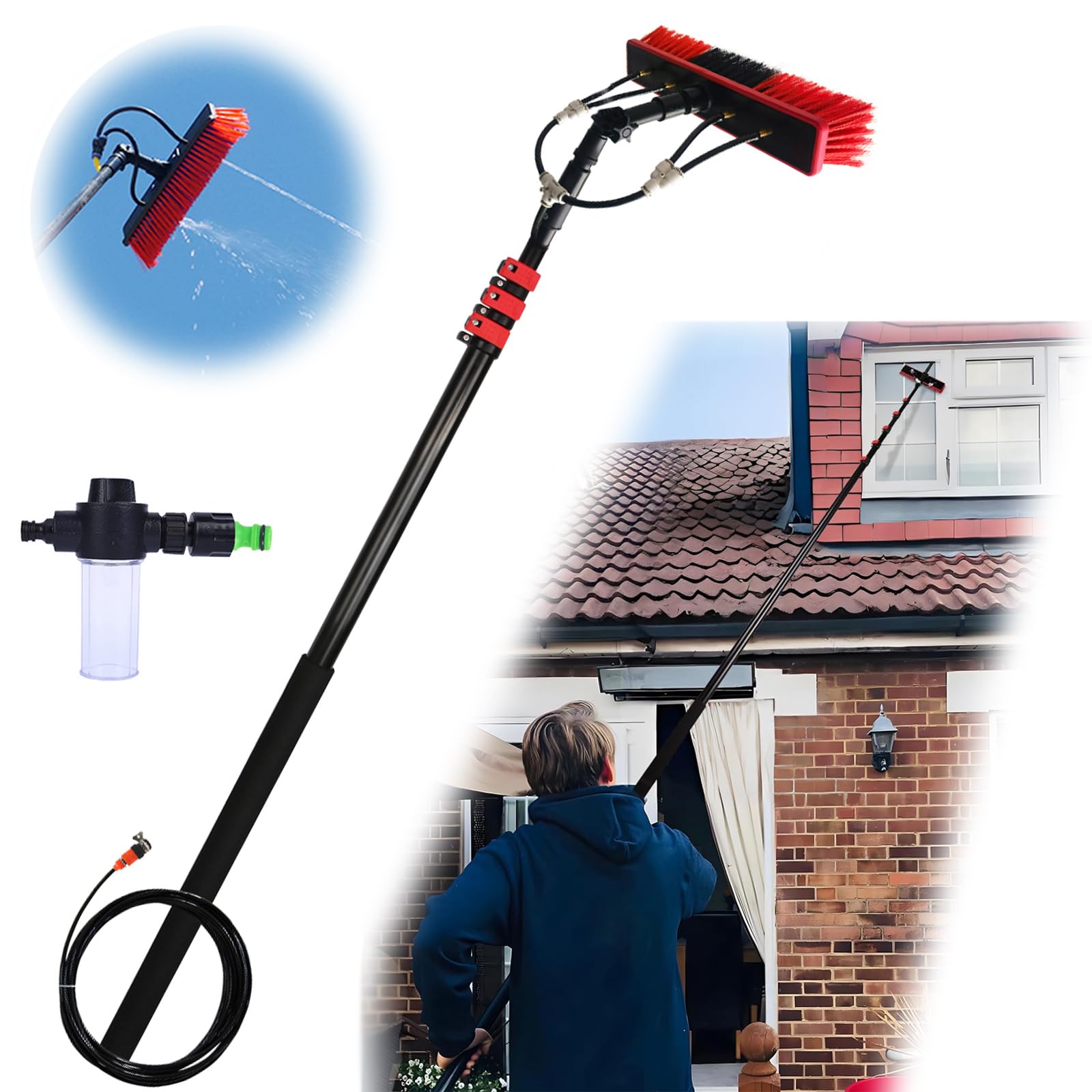 GTHTUHFD Telescopic Water Fed Pole Kit For Window & Solar Panel Cleaning - 180° Rotatable Brush Head 3.6M/12Ft Extendable Window Cleaner Brush,6m/35cm Brush Head-6M/20FT