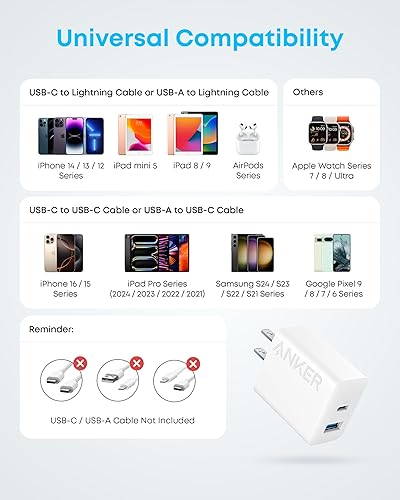 Miniatura 5 de Anker Cargador para iPhone 15, cargador Anker USB C, paquete de 2 cargadores de pared rápidos USB de doble puerto de 20 W, bloque de cargador USB C