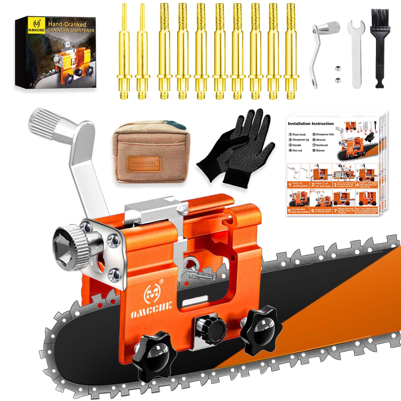 Kit per affilatrice per motosega, con manovella portatile, per motoseghe da 10 a 55,9 cm, compatibile con motoseghe a gas ed elettriche, con 10 frese per affilare e borsa per il trasporto