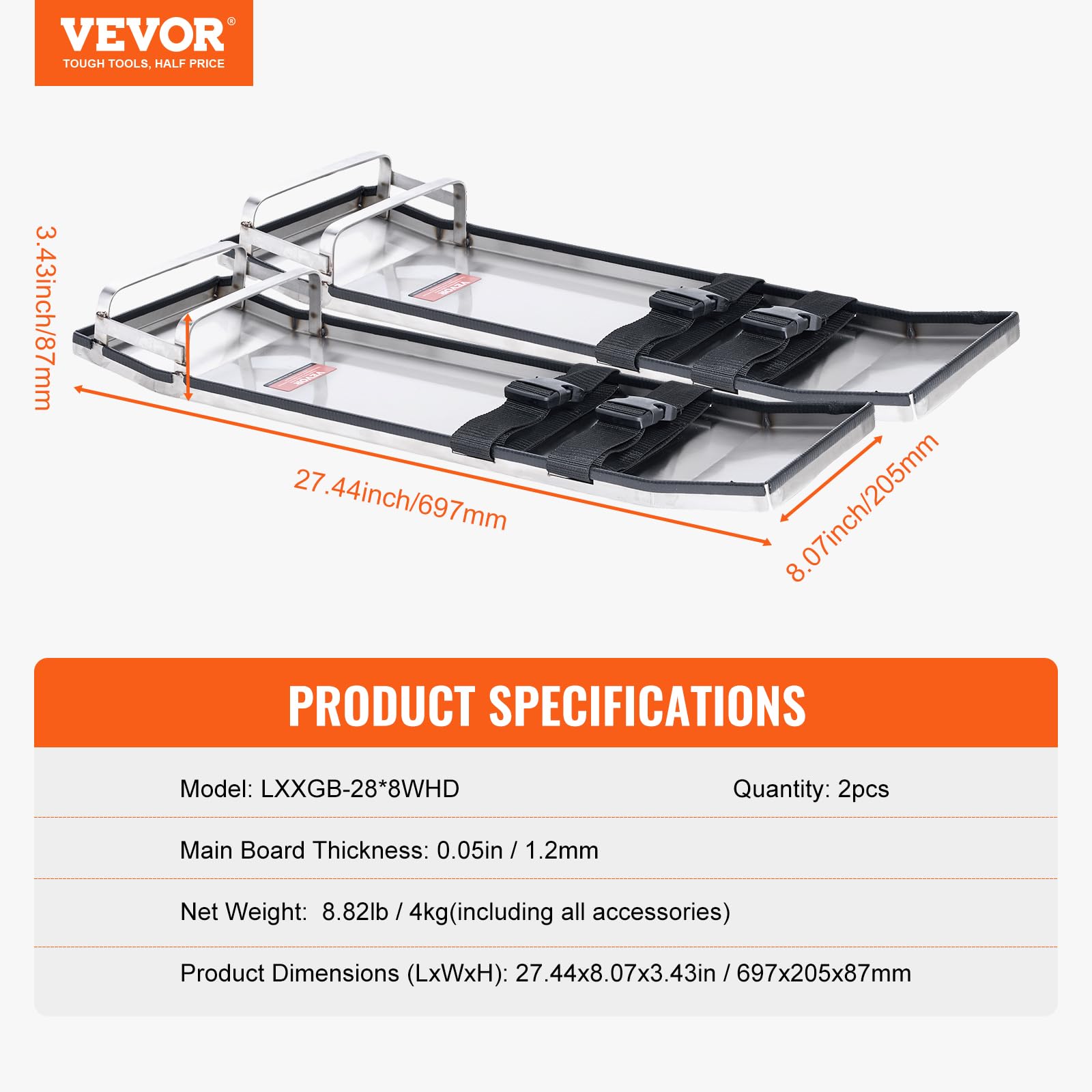 VEVOR Planches à genoux de béton, 697x205 mm, genouillères en acier inoxydable pour béton, paire de protège-genoux, repose-genoux béton avec sangles, outil de finition lissage pour ciment et béton