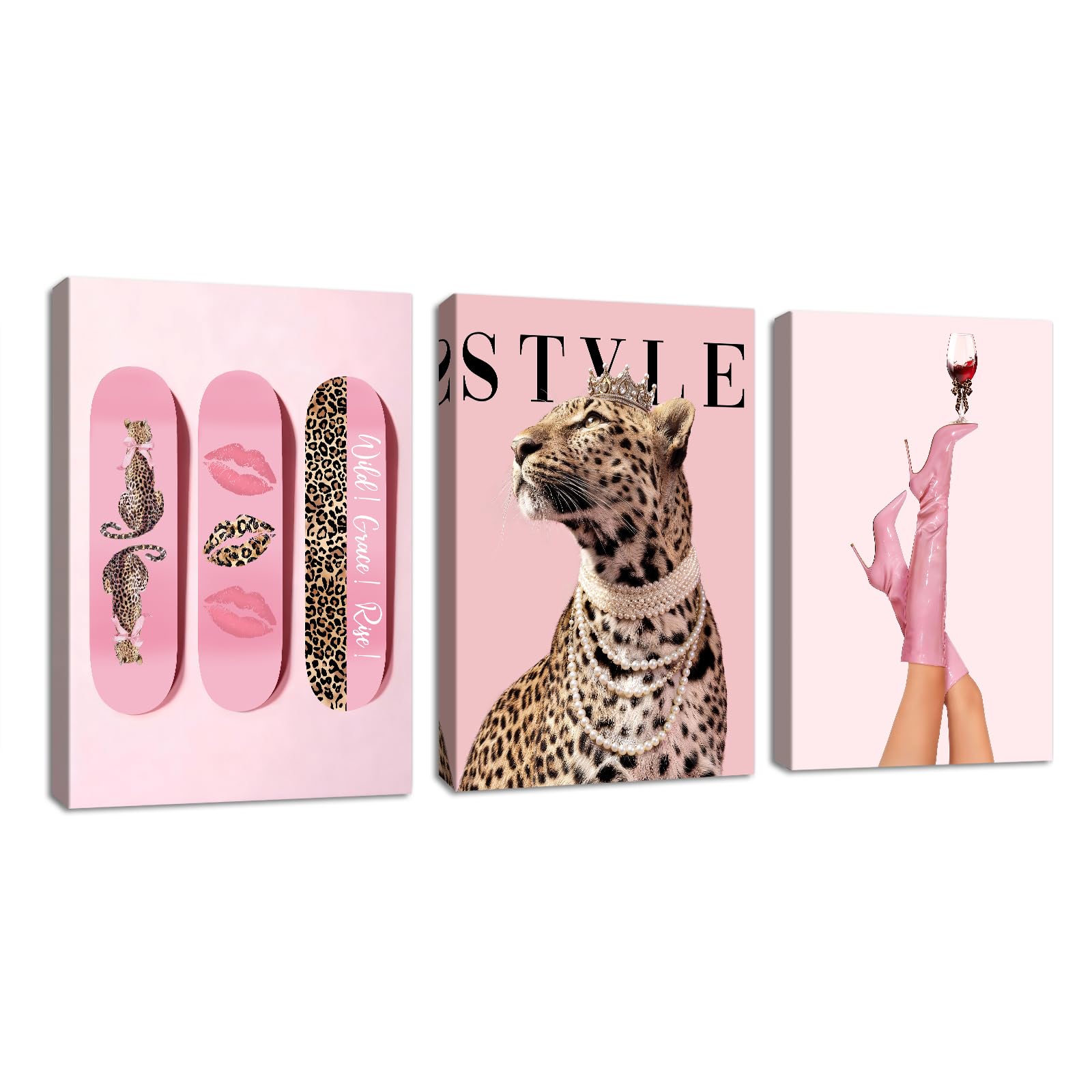 3 Pcs Pink Trendy Leopard Framed Canvas Wall Art, Preppy Pink Boot Martini Wall Painting Fierce Cheetah Canva Prints Picture Fashion Posters Artwork Home Decro for Girls Bedroom Living Room 50X70cmX3