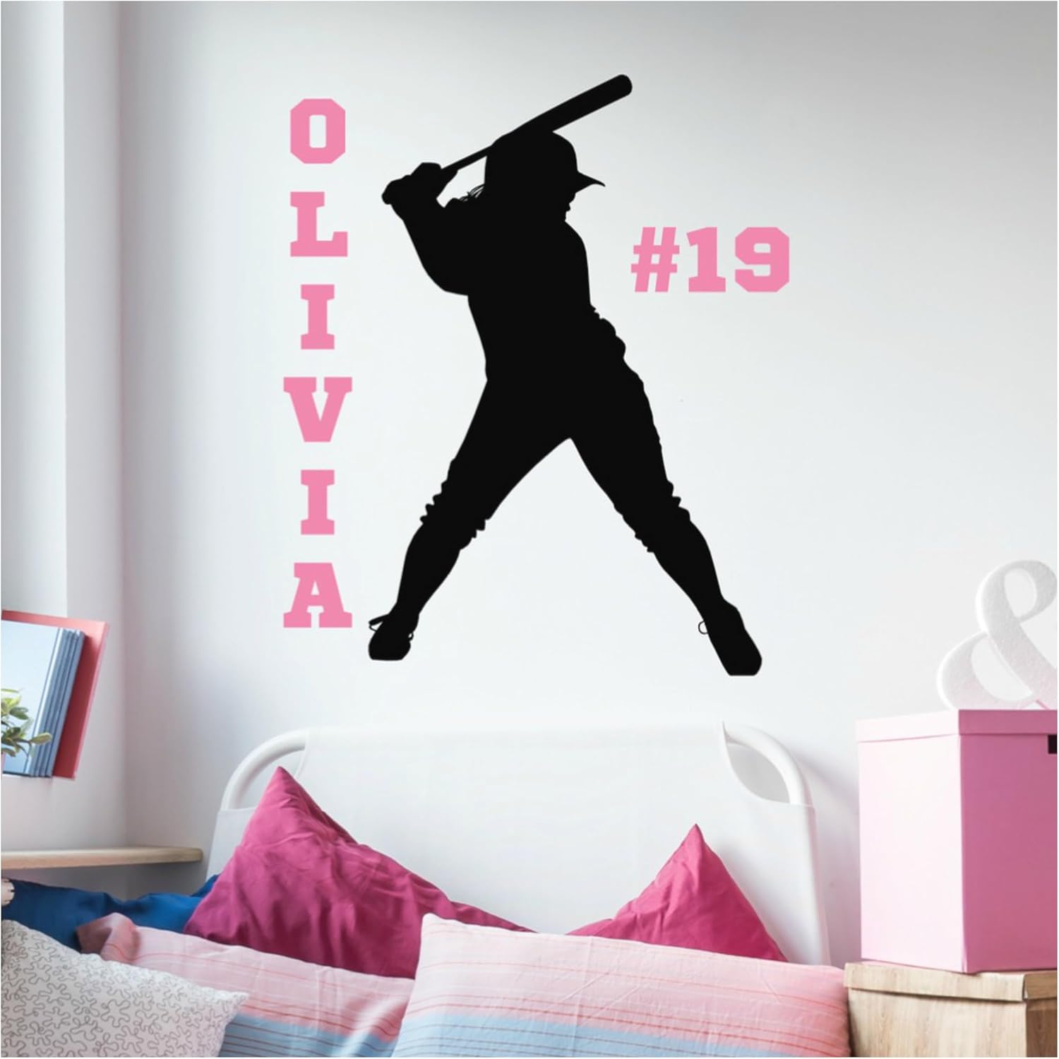 Personalized Softball Batter Wall Decal, Girls Softball Batter Vinyl Sticker with Name and Number, Choose from Several Sizes and Colors