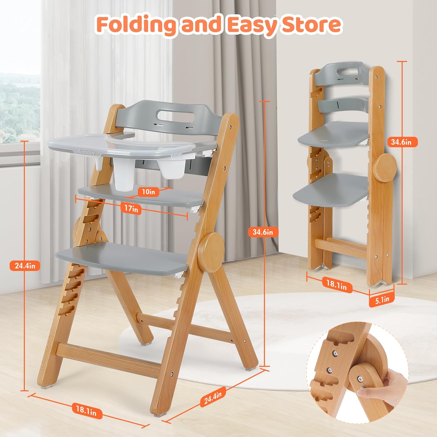 Ezebaby Wooden High Chair Grow with Your Child, Foldable Baby High Chair with Adjustable Seat and Footrest Heights, High Chair for Babies and Toddlers with Cushion and Large Double Layer Tray(Grey)