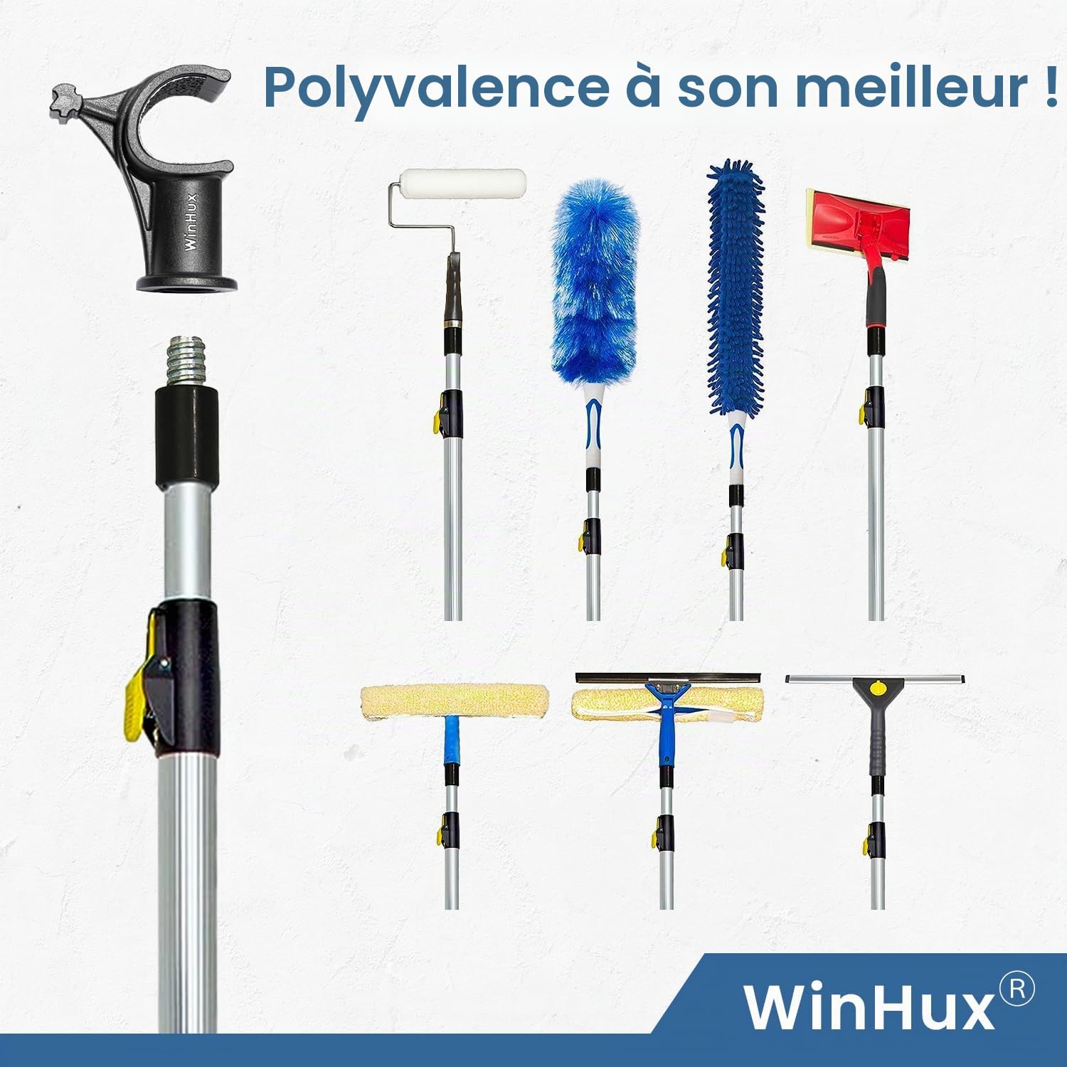 WinHux Perche Télescopique 1,2-2,0 m Verrouillage Bouton — Ouvre-Fenêtre de Toit, Crochet Antidérapant, Commande de Store, Compatible avec Velux Keylite Fakro Rooflite