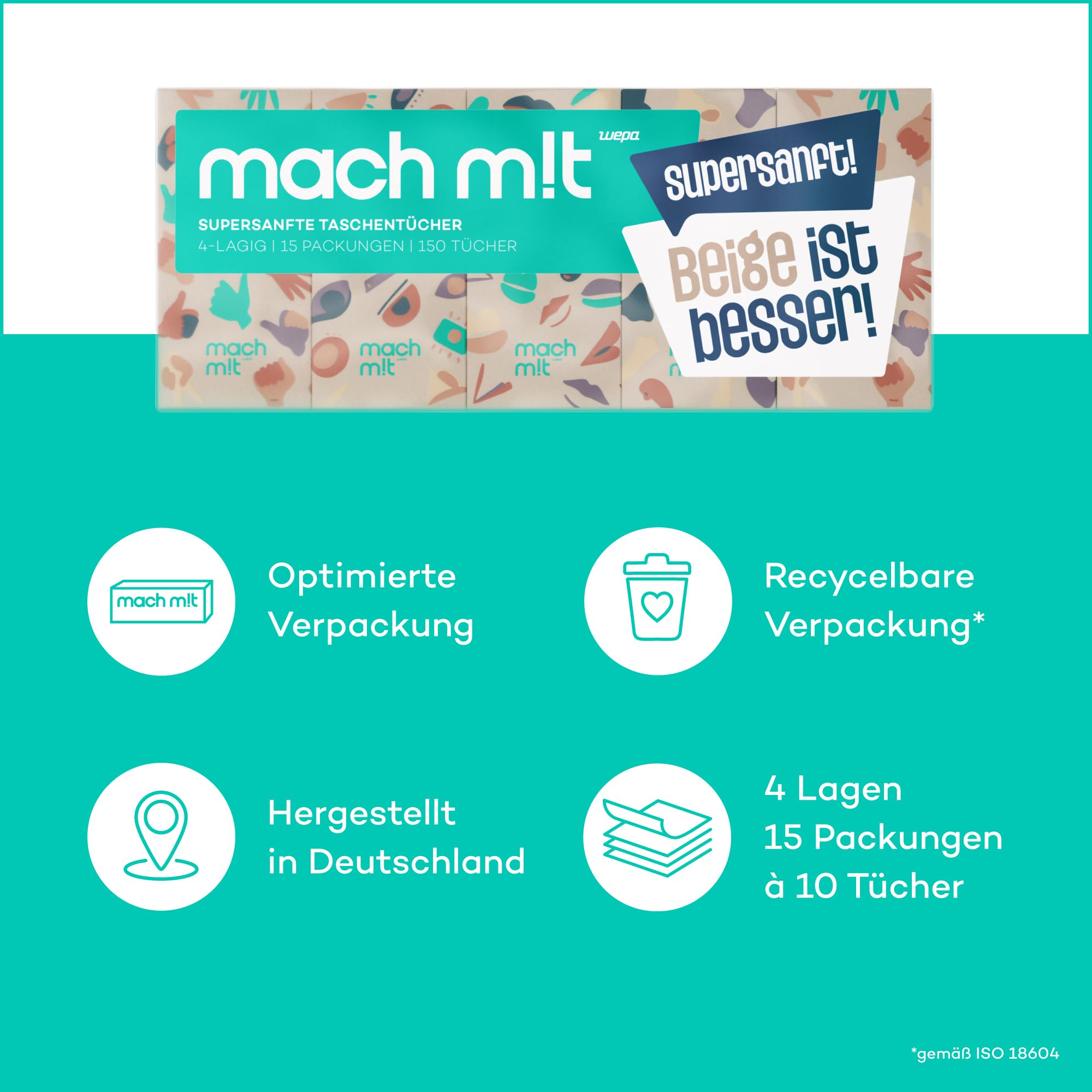 mach m!t Taschentücher 4-lagig – 225 Packungen – 10 Tücher pro Packung - ohne Bleichmittel - Taschentuch aus recyceltem Karton – extrem weich & umweltschonend - Made in Germany - 100% recycelbar