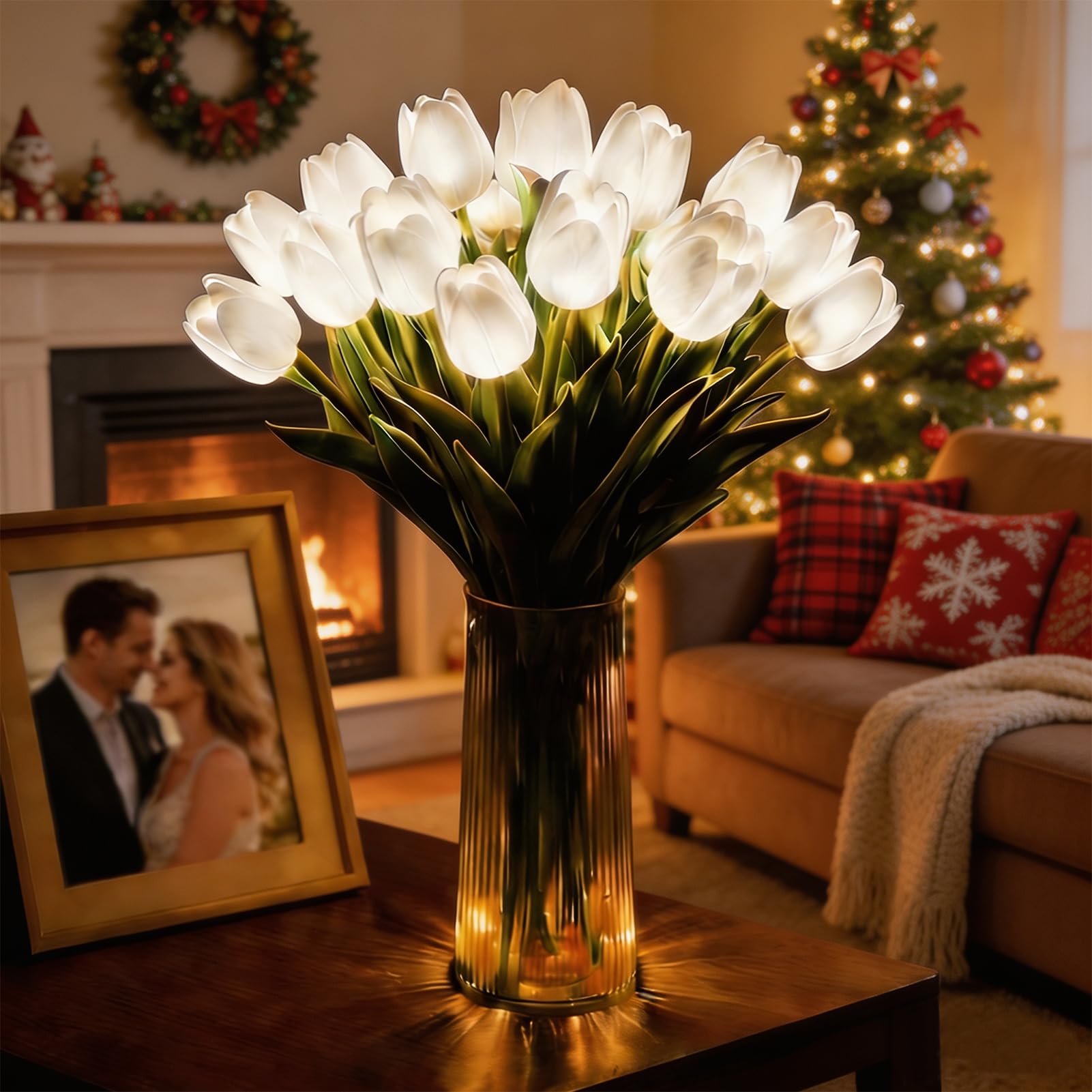 2027 Upgrade Radiant Romantic Tulip Light, 10/15PCS Tulip Lamp Artificial Magical Meadow Flowers with Vase, for Christmas & Halloween,Home Decor and Wedding Anniversary (White,10*Flowers With Vase)