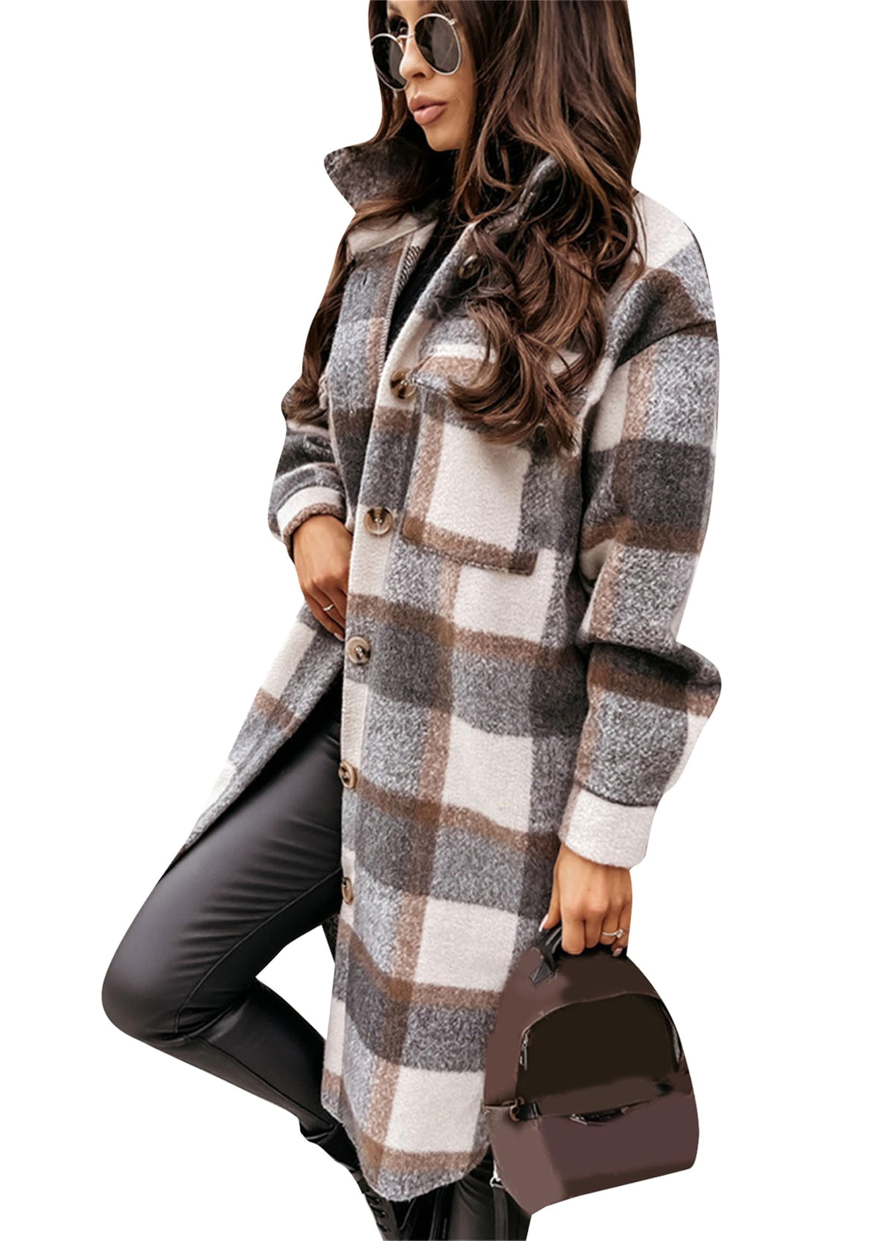 Yming Frauen Lange Revers Vintage Jacke Plus Größe Tartan Mit Tasche Jacke