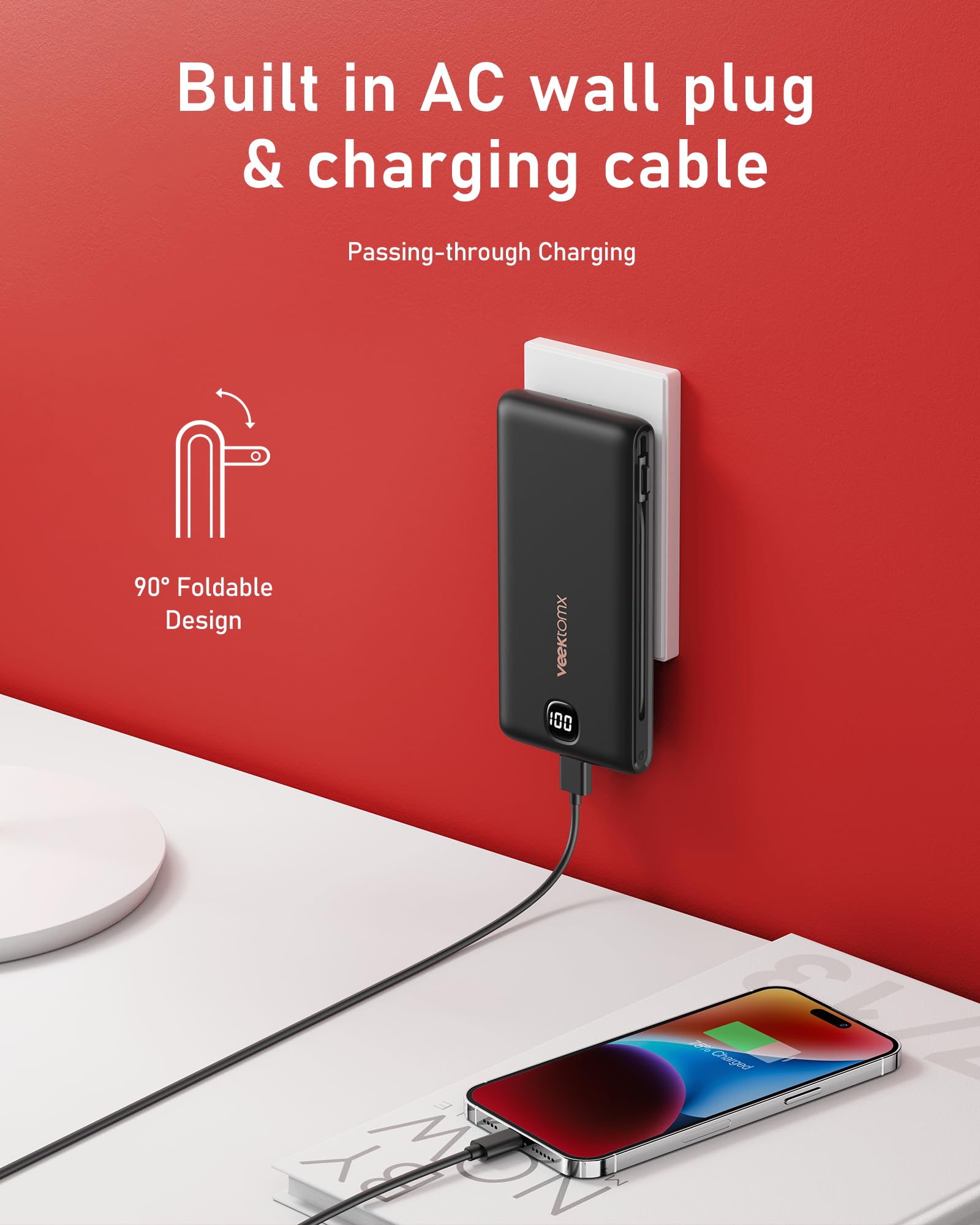 VEEKTOMX VEEKTOMX Portable Charger with Built in Cables 10000mAh, Power Bank for iPhone with AC Wall Plug, Fast Charging USB C Slim Battery Pack with LED Display Compatible with iPhone 17/16/15/14, Samsung in use