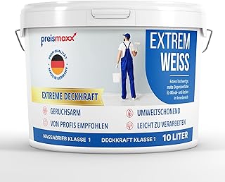 Preismaxx Wandfarbe weiß 10l Extrem Weiss Innenfarbe sehr hohe Deckkraft Klasse 1 - Nassabriebklasse 1 matt Ausbesserungsfarbe 10 L