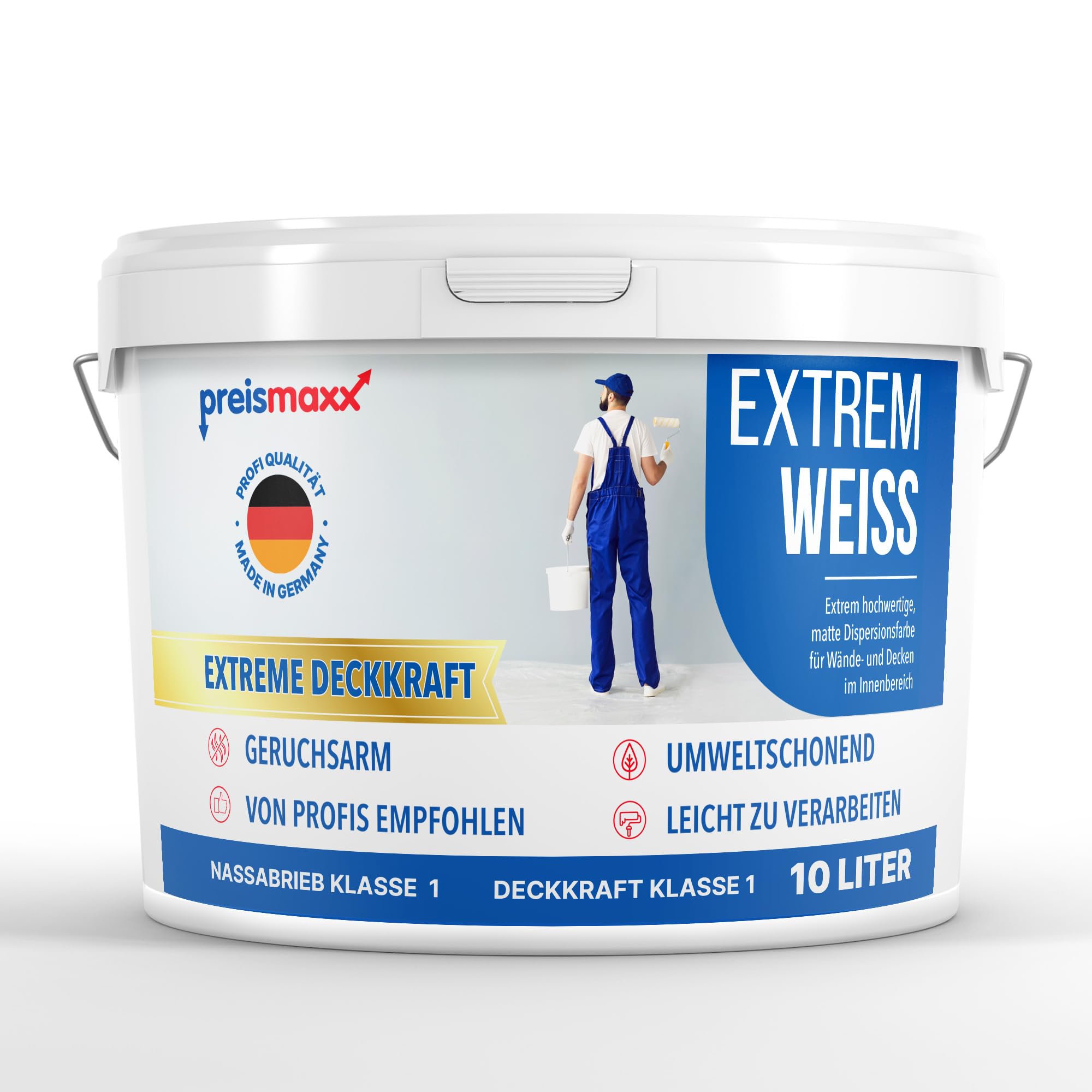 Preismaxx Wandfarbe Weiß innen Extrem Innenfarbe matt hochdeckend 10l | Für Wände, Decken, Putz, Tapete & Altanstriche, hohe Deckkraft, geruchsarm, tropfgehemmt, Renovierung & Neuanstrich