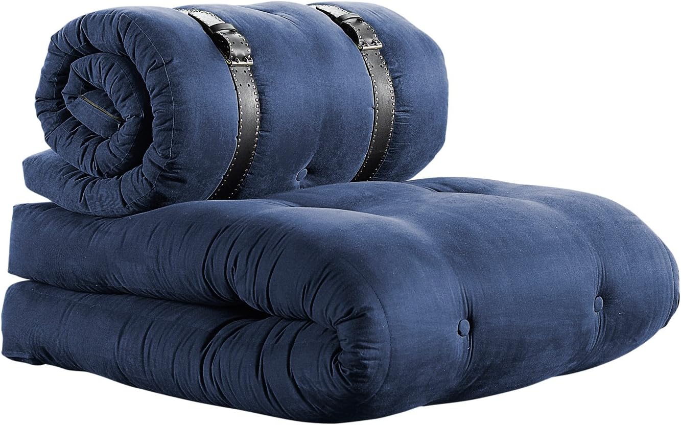 Fresh Futon Buckle Up Convertible Futon Chair/Bed Mattress with Black Leather Belts, Blue