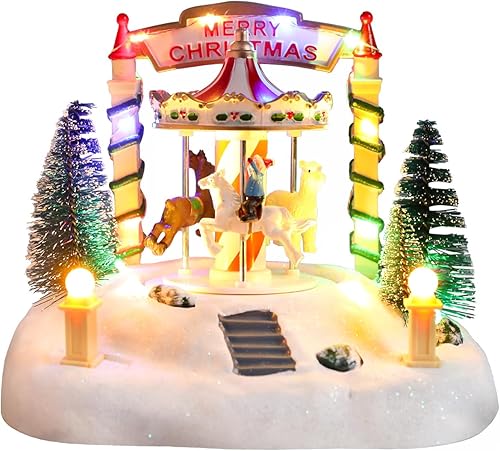 Bdor Decoración de mesa de carrusel de Navidad  Merry-Go-Round musical iluminado con renos y árboles  Escena de Navidad a pilas  Centro de mesa de