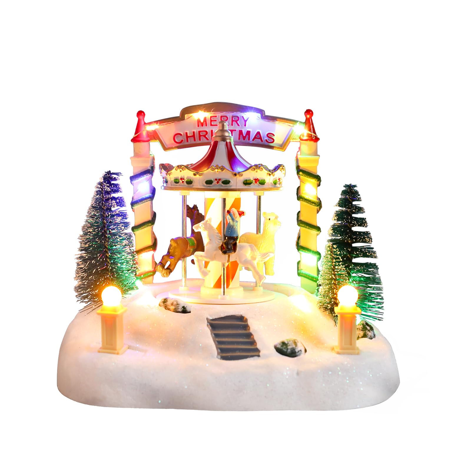 Bdor Decoración de mesa de carrusel de Navidad – Merry-Go-round musical iluminado con renos y árboles – Escena navideña que funciona con pilas – 7.5 x 5.5 x 6 pulgadas, centro de mesa festivo con