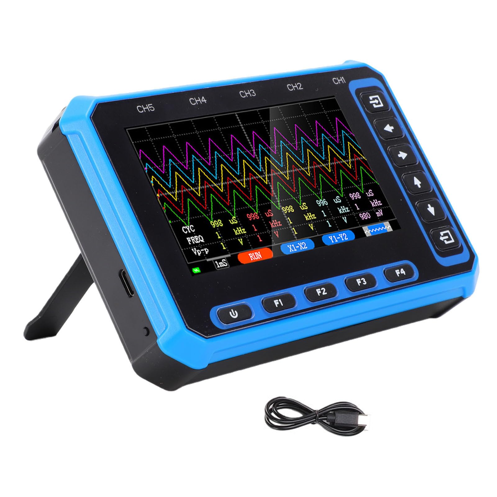 Oscilloscopio portatile Sunicon Display da 5 canali da 4,3 pollici Larghezza di banda da 1 MHz Frequenza di campionamento da 3 MHz Oscilloscopio portatile WiFi USB tipo C