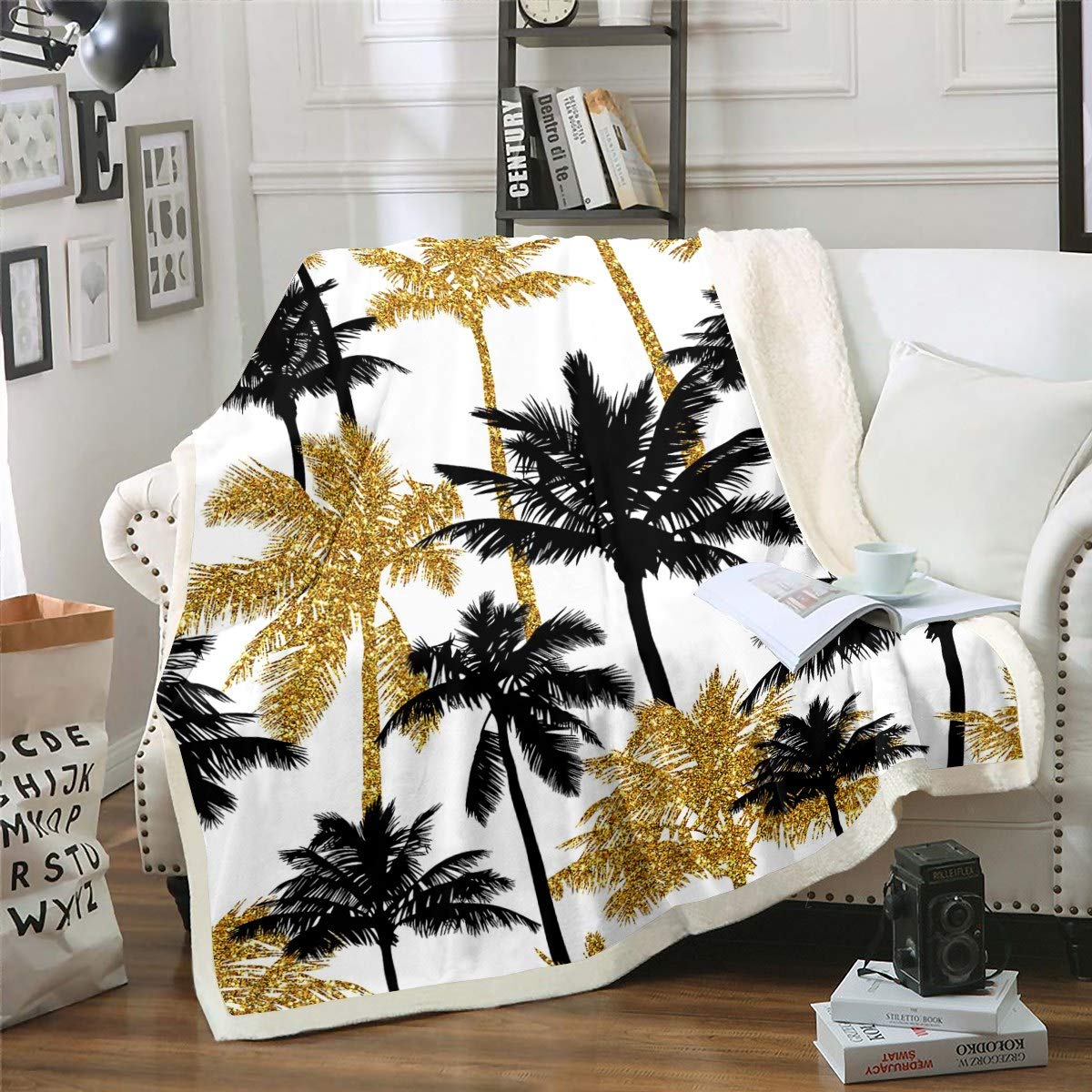 Loussiesd Girls Palm Tree Print Plush Throw Blanket Tropical Palm Leaf Fleece Blanket for Couch Sofa Daughter Chic Design Sherpa Blanket Hawaiian Nature Decor Fuzzy Blanket Double 60"x79" — image 1