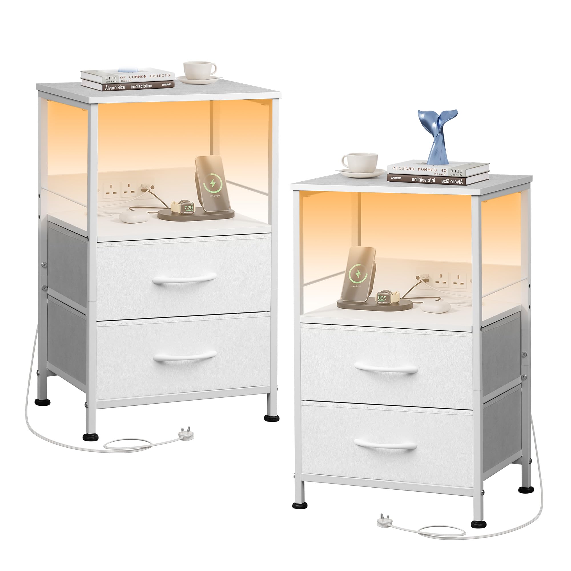 WLIVE White Bedside Table with Drawers, Bedside Cabinet with LED Lights and Charging Station, Side Table for Bedroom, Living Room, Small Spaces (White, 2pcs)