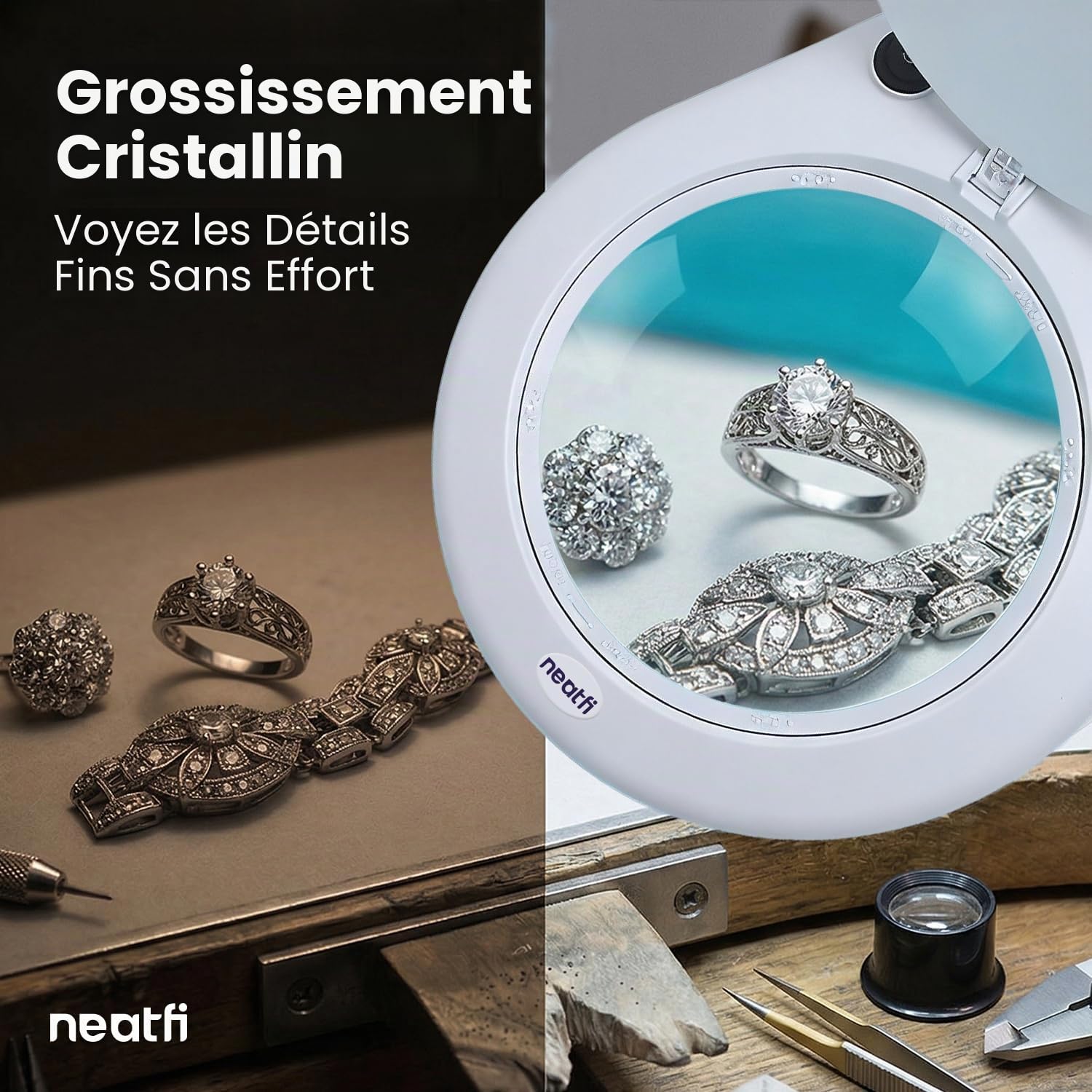 Neatfi Elite XL HD Super Lampe loupe LED avec Pince – grossissement 2,25x (5 dioptries), lumière du Jour 6500 K | sans éblouissement | Couture et Loisirs créatifs (Blanc, Lentille de 18 cm)