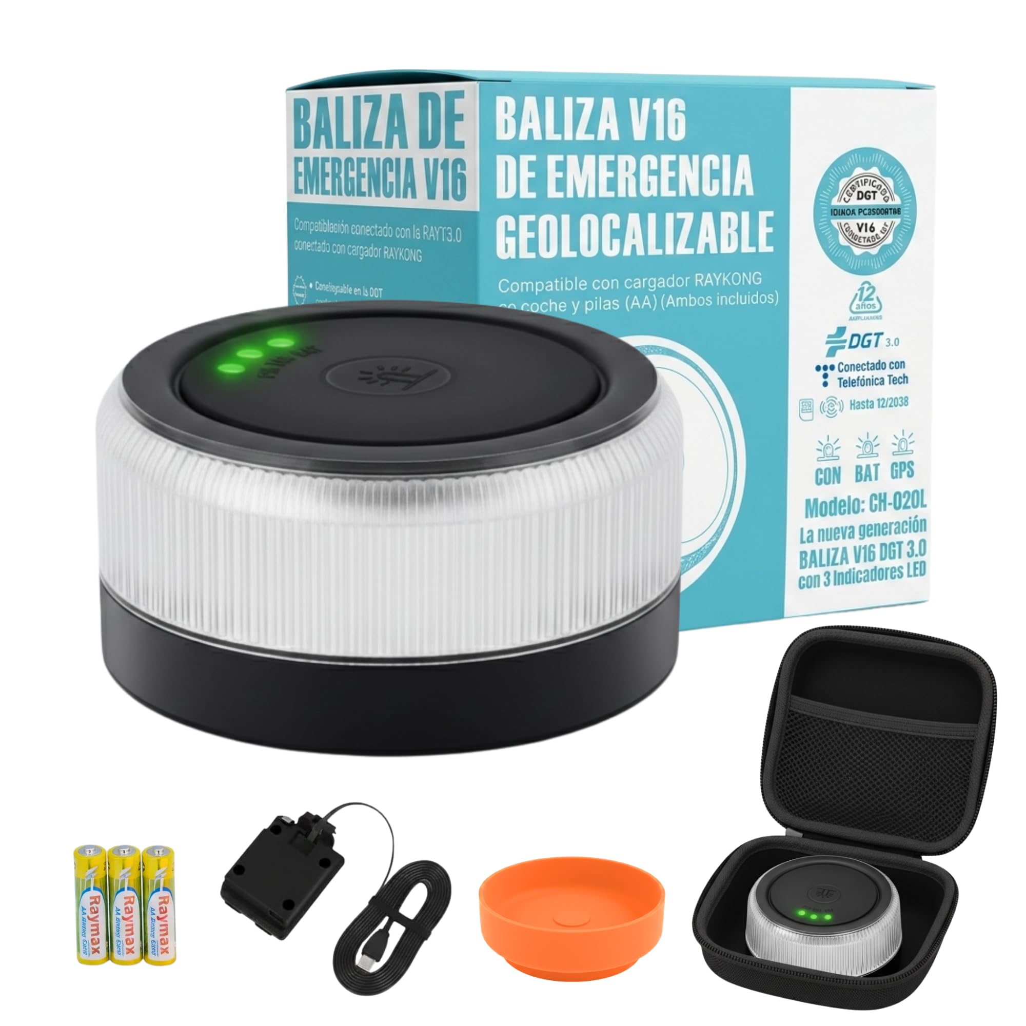 x1 Luz de Emergencia V16 Homologada DGT 3.0 con Geolocalización, Baliza LED 360º Visible 1 km, eSIM Datos hasta 2038, Alimentación Dual Pilas AA o USB , Kit con Estuche y Ventosa, para Coche y Moto
