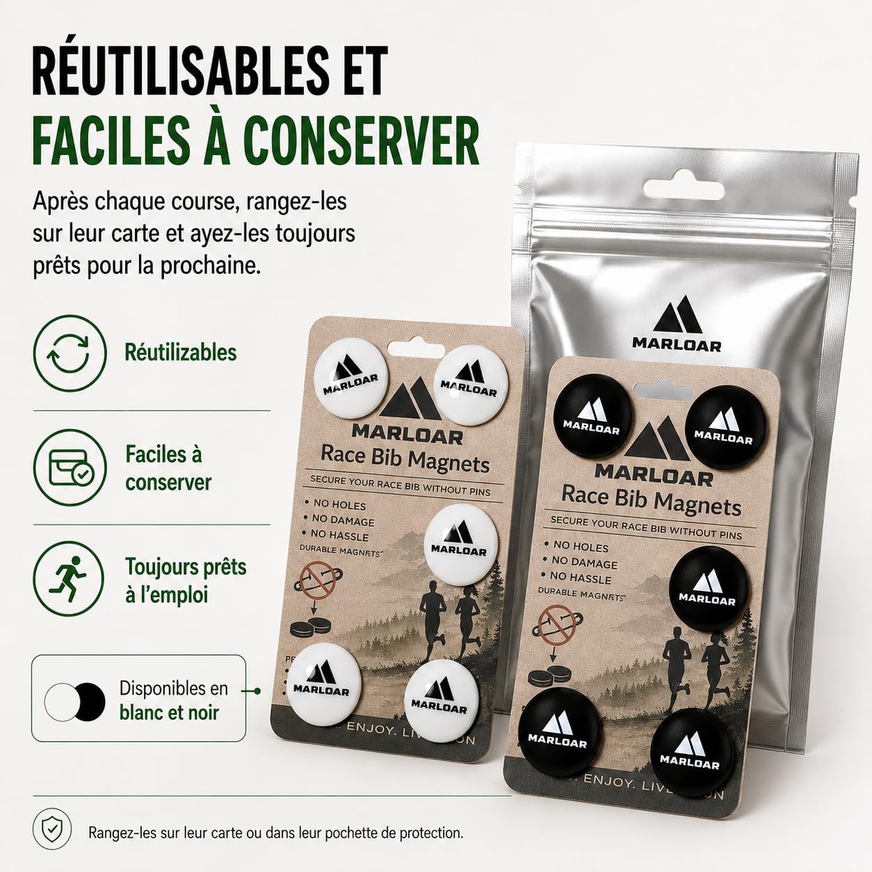 Lot de 4 et 6 aimants dorsales pour course à pied, trail, marathon et triathlon, fixation ferme sans épingles, ne perce pas le maillot, lot de 4 et 6