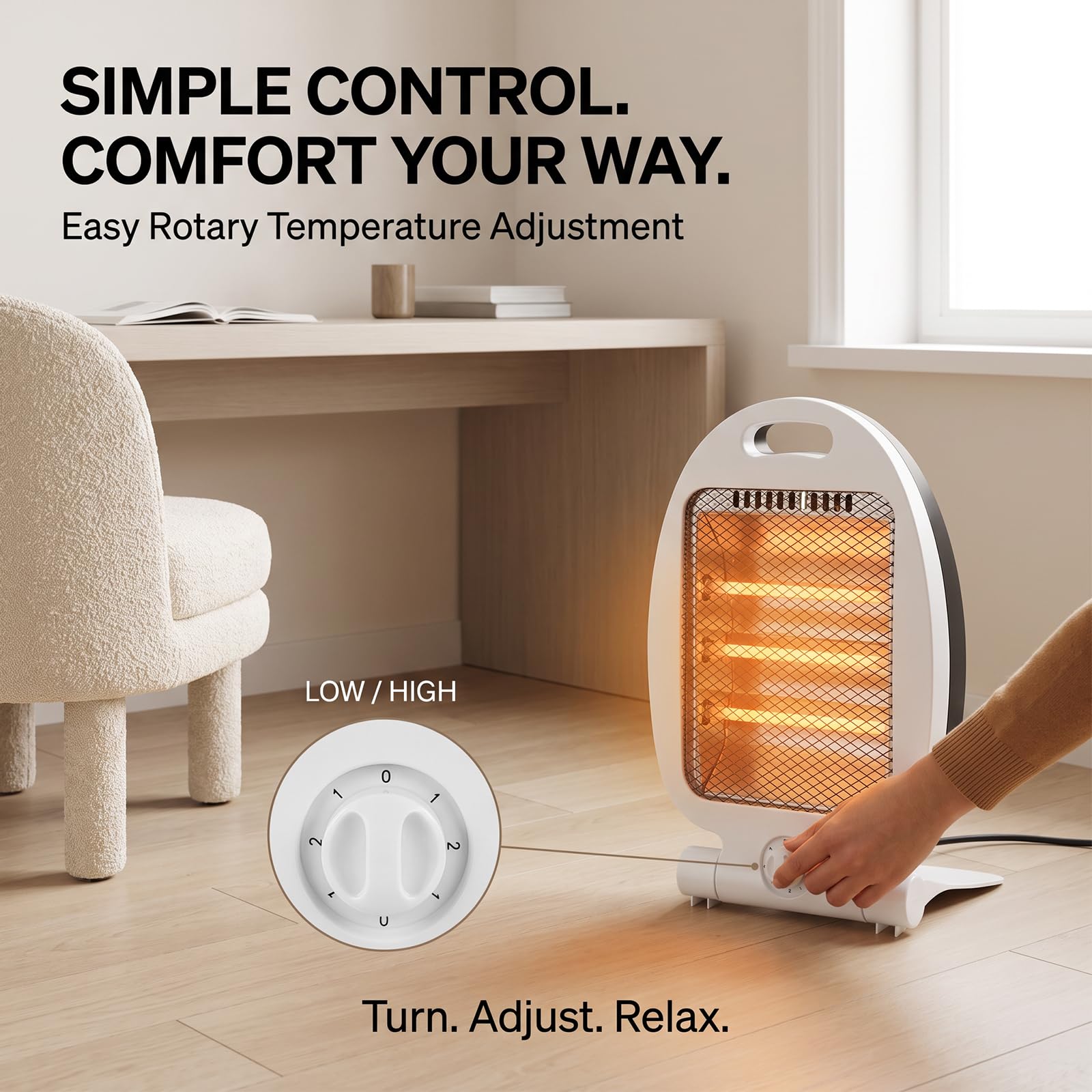 Stufa elettrica al quarzo, termoventilatore bianco