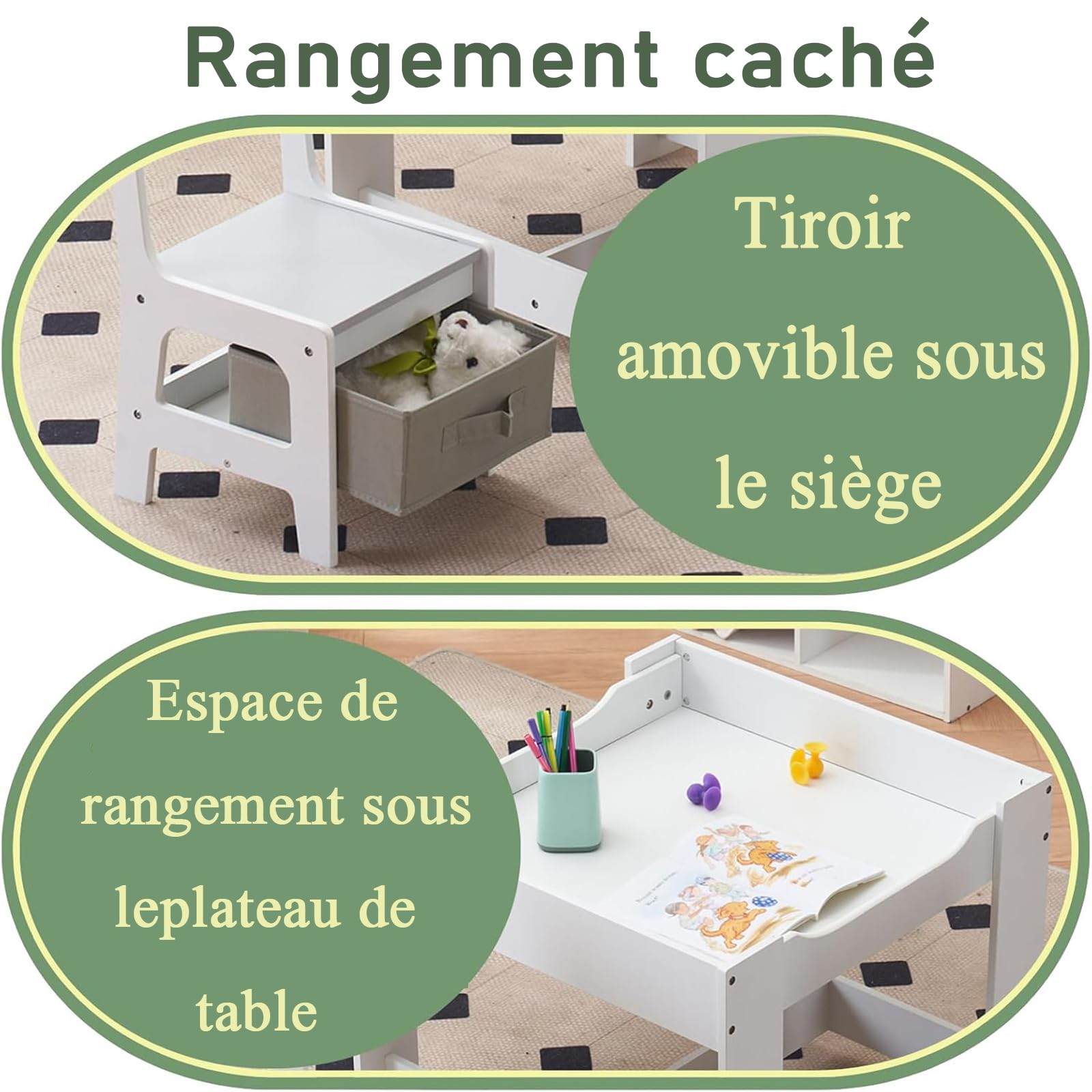 LEADZM Bureau pour Enfants, Table 3-en-1 avec 2 Chaises (3 pièces), à Dessin avec Espace de Rangement en Bois - Table Polyvalente pour Manger, Étudier et Jouer (Gris)