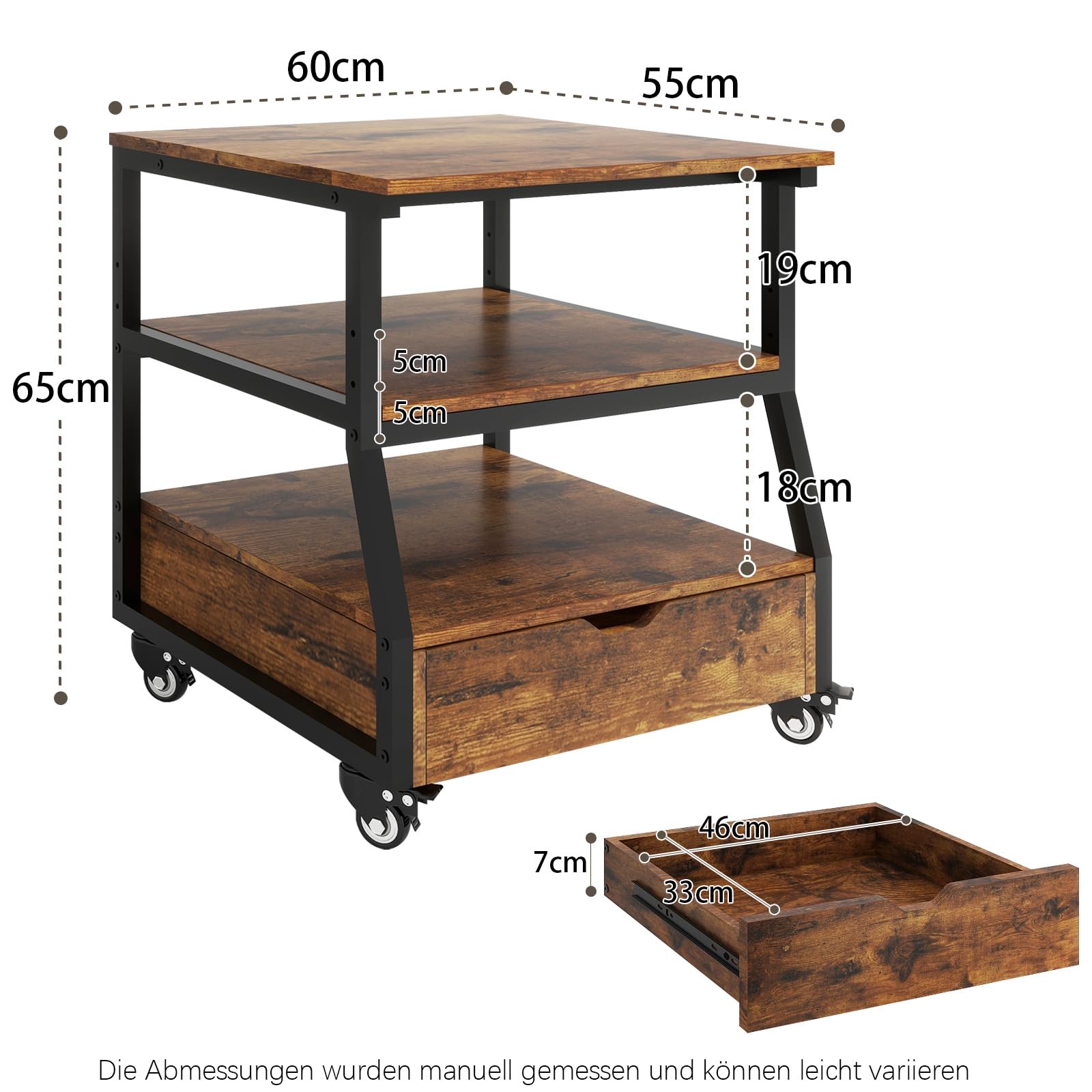 PUNCIA 3-Ebenen Kühlschrankständer Kühlschrankhalter mit Schublade Retro | Untergestell für Kühlschrank auf Rollen Sockel Unterstand für Gefrierschrank Küche Wohnzimmer Office Arbeitszimmer Büro