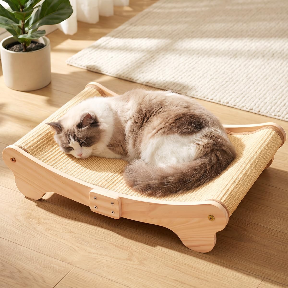 Xygobla Sisal Cat Scratcher Bed,160° Curved Design Sisal Pad Cat Scratching Board Solid Beech Wood & Sisal Pad Kitten Sleeping Nest Bed,Extra-Large Scratch Lounger Chair for Indoor Cats, 60x37.5x14CM
