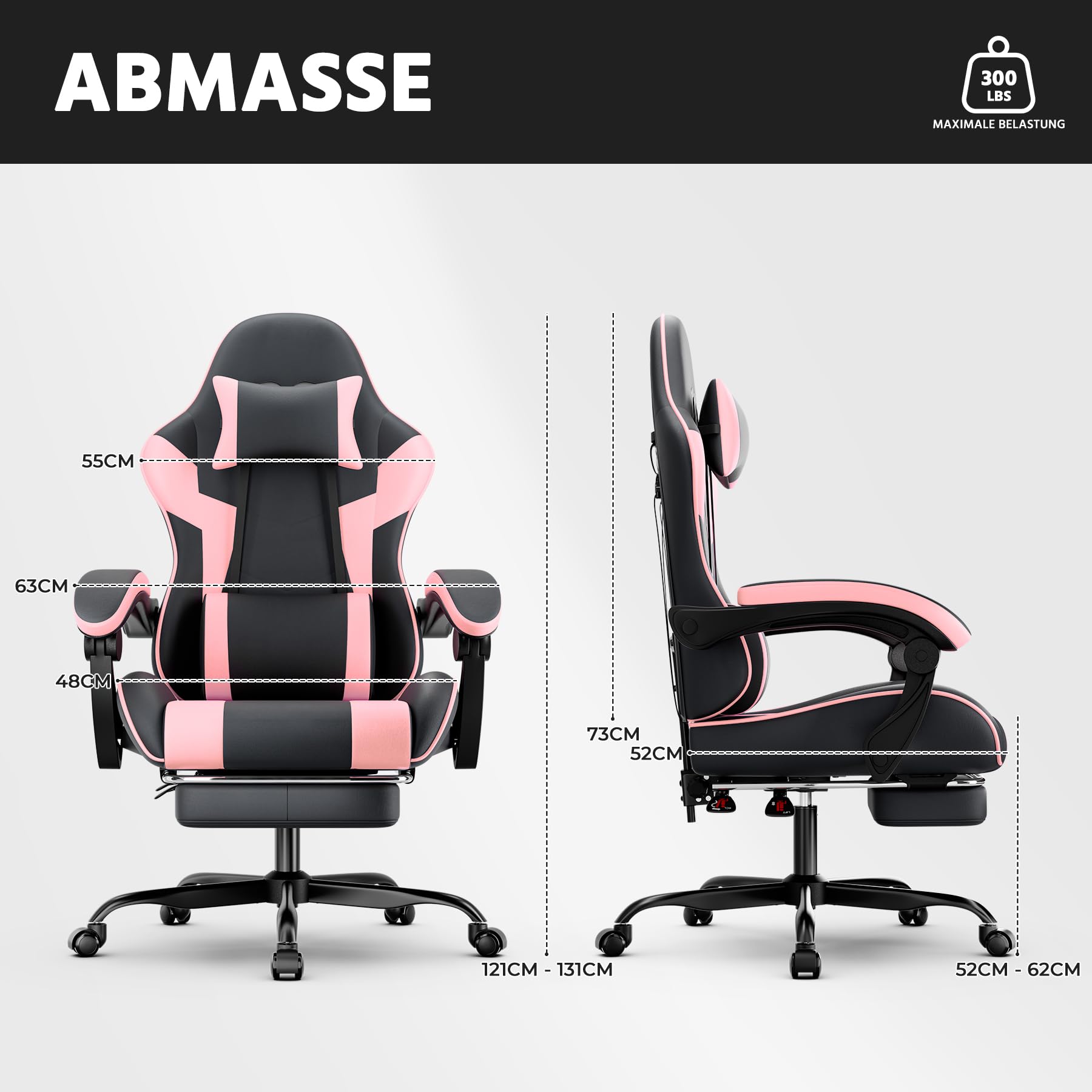 Silla para videojuegos, ergonómica con reposapiés, silla de gaming, reposabrazos ajustables, silla de oficina ergonómica con soporte lumbar, negro/gris (negro-rosa)