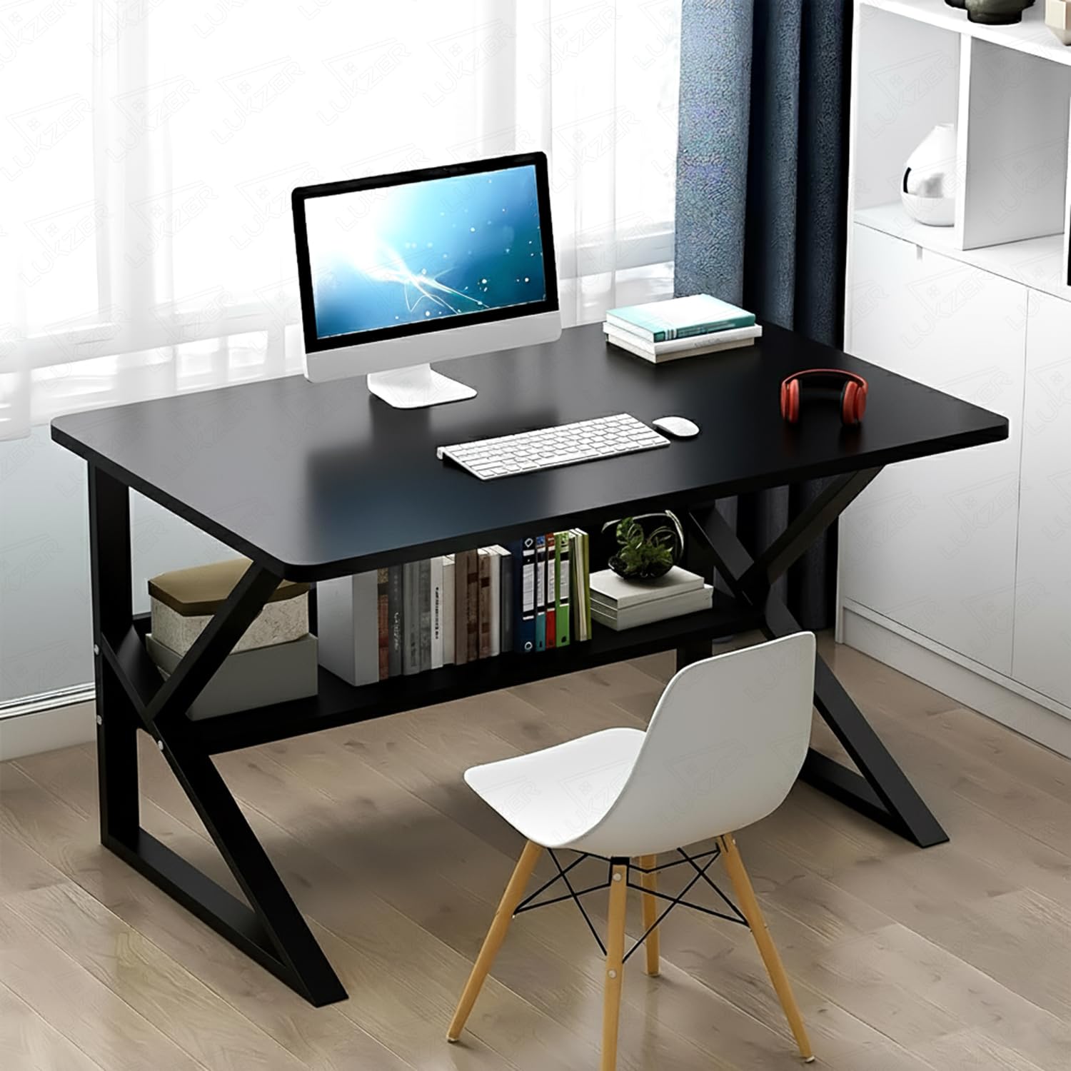 Lukzer Modern Engineered Wood Computer Desk with Built-in Bookshelf, Space-Saving Design, Black Top & Black Frame, Study Table,100x50x78cm (MST-001)-image-9