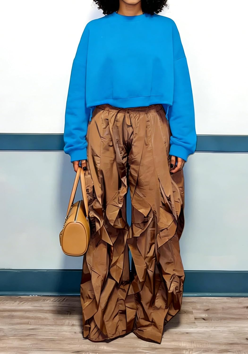 Vakkest Women's Baggy Ruffle Barrel Pants Elastic Waist Drawstring Jogger Sweatpants Wide Leg Casual Fringe Trousers