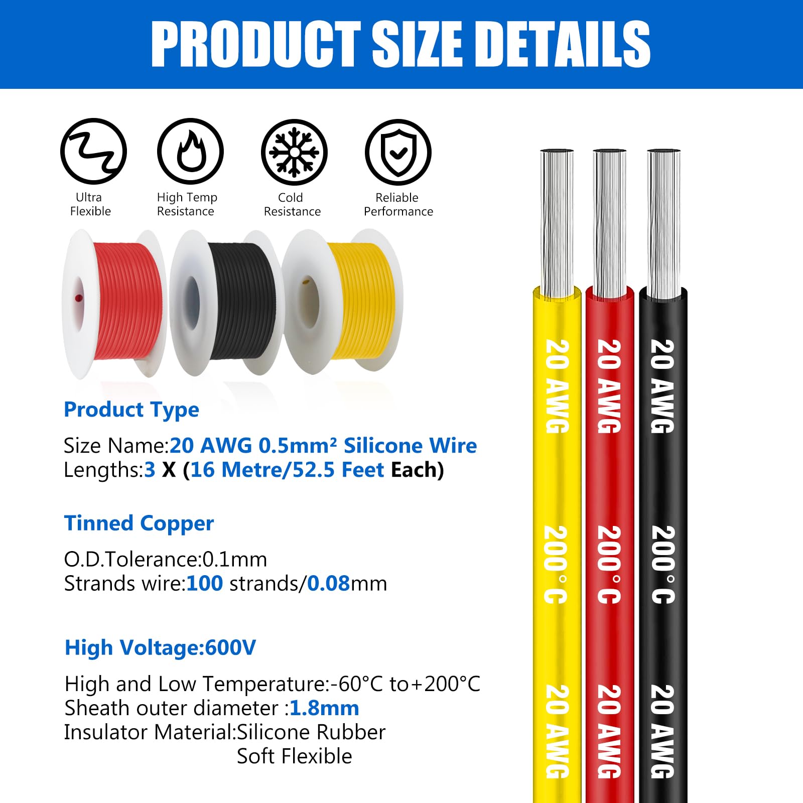 QUARKZMAN 28 Calibre Silicone Fil 28AWG Électrique Fil Toronné Fil Flexible Étamé Cuivre Fil Haute Temp Raccordement Fil 7 Couleur 1,5 M/4,92 Ft Pour Voiture Modèle Appareils 7pcs