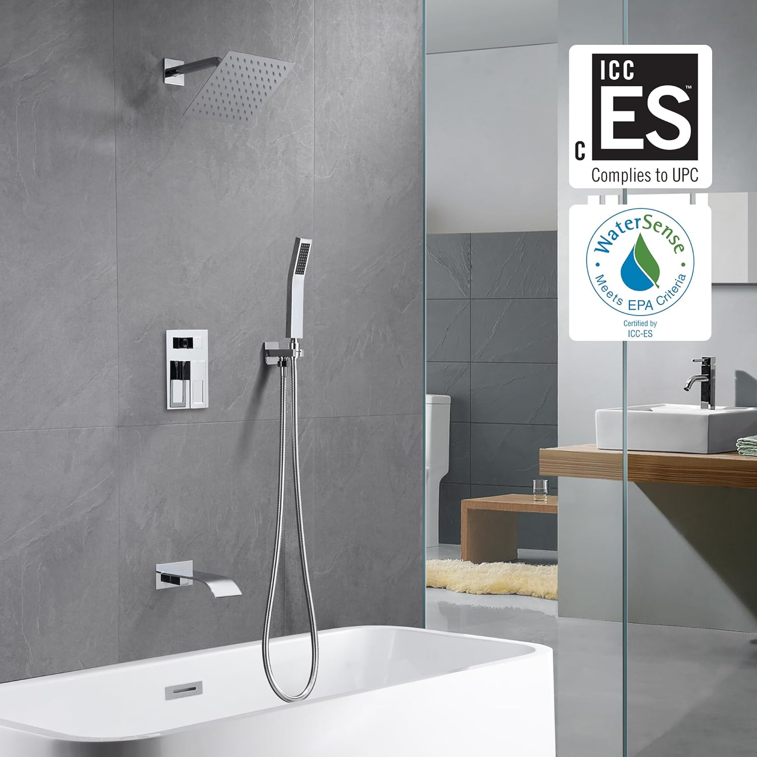 Shower System, Shower Faucet Set Complete with Waterfall Tub Spout, 8" Rain Shower Head and HandHeld, Chrome Finish