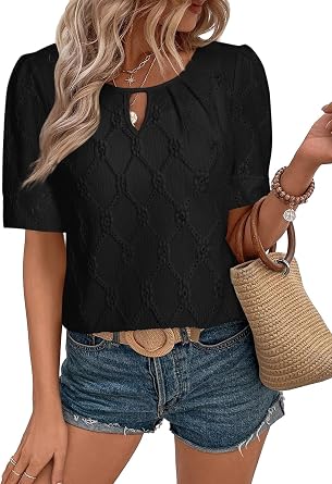 Women Eyelet Short Sleeve Tops Shirts Dressy Hollow Out Crochet Embroidered Blouses 2025 Fashion