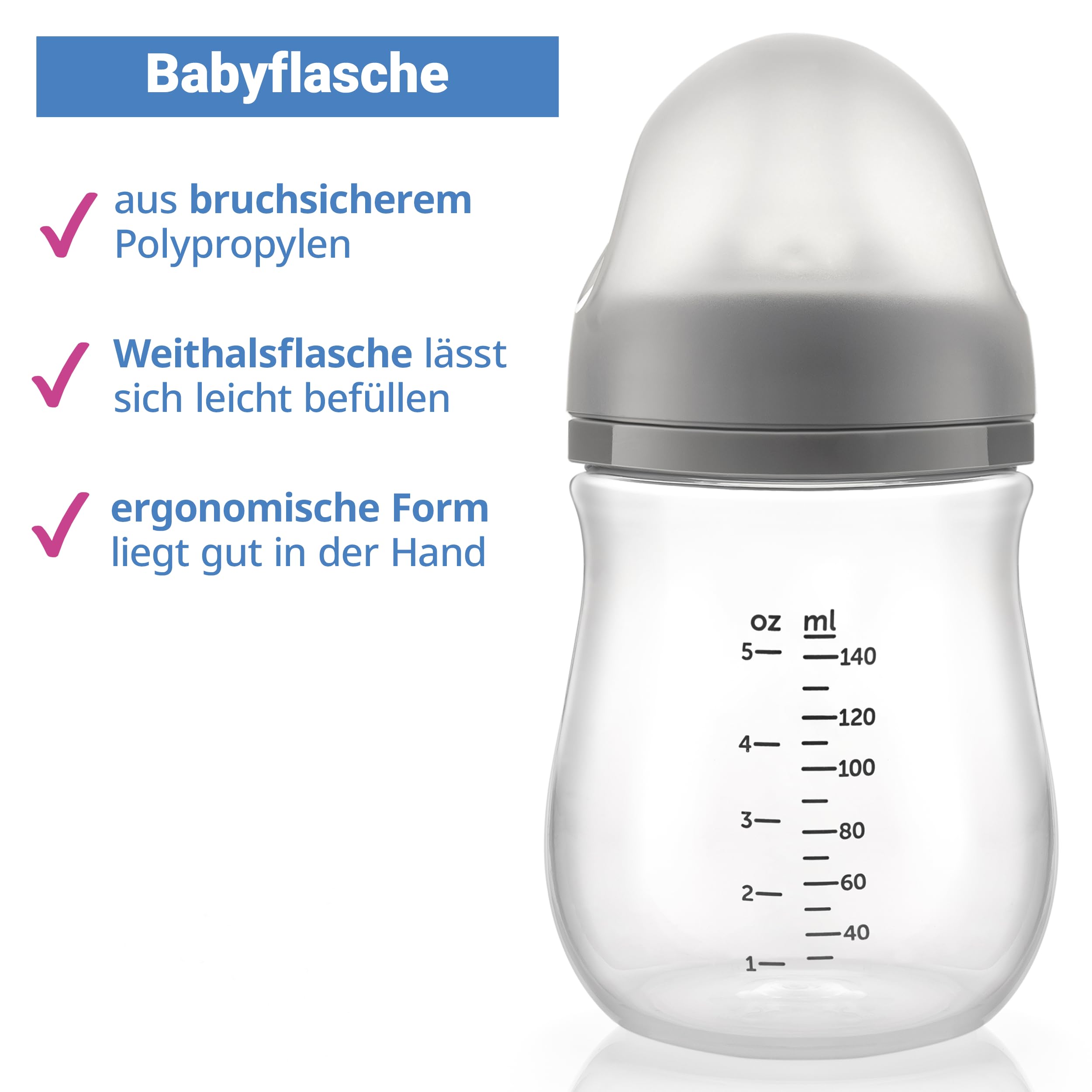 MiaMia Babyflaschen 3x 140 ml | 3er Set Flaschen mit weichem Silikon-Trinksauger | BPA-frei & Anti-Kolik | Ab 0 Monate | Spülmaschinenfest