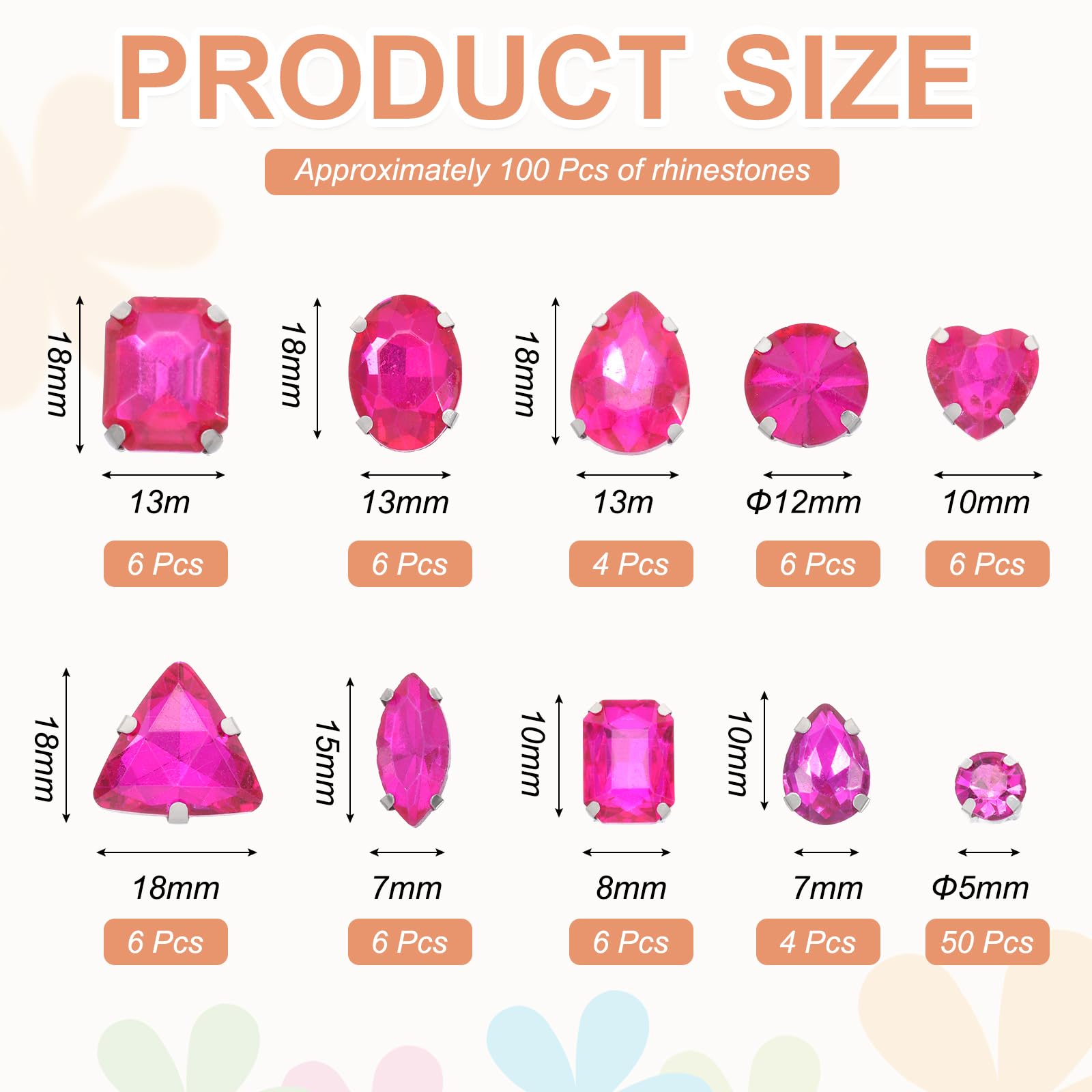 QUARKZMAN 100Pcs Cristalli Da Cucire, 7-18mm Forme Miste Cristalli In Vetro Con Base Piatta E Montatura Ad Artigli In Argento Per Abbigliamento Scarpe Accessori, Rosso Rosa (Stile 1)