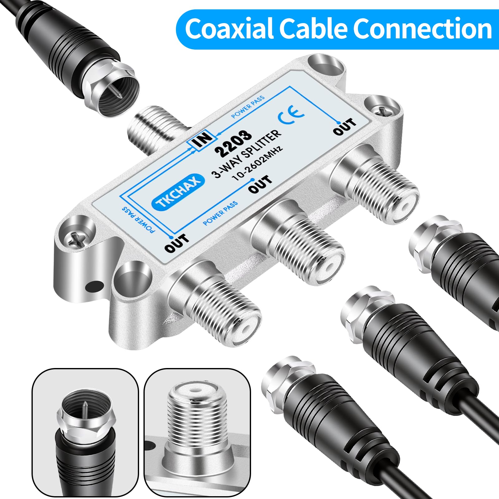 Répartiteur de câble coaxial à 3 Voies, Prend en Charge 10-2602 MHz, Compatible RG6, plaqué Nickel pour répartiteur de câble, Fonctionne avec CATV, TV Satellite, système d'antenne et