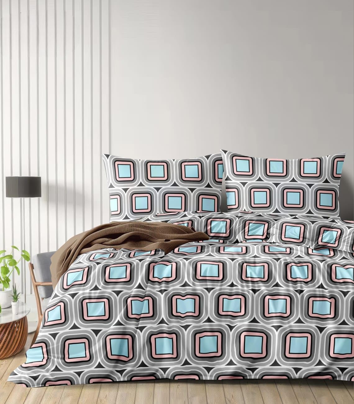 Bedding Set Combo of Double Bed Duvet Cover Set with Fitted Bedsheet & 2 Pillow Covers | 300 TC Cotton Fabric | Zipper Closure |All Round Elastic|Warm Stuff|SED 055|Grey & Sky Blue-image-0
