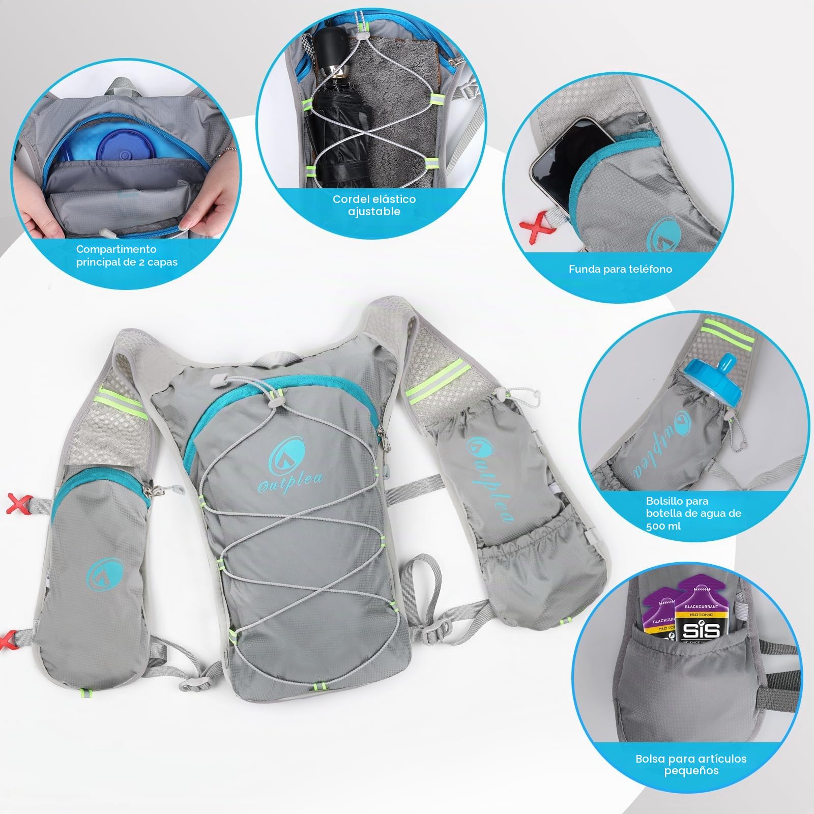 Chaleco Hidratacion Trail Running Mujer Hombre, Mochila Hidratacion con Bolsa de Agua de 2L, Mochila MTB para Maratón Ciclismo Senderismo, Gris Claro