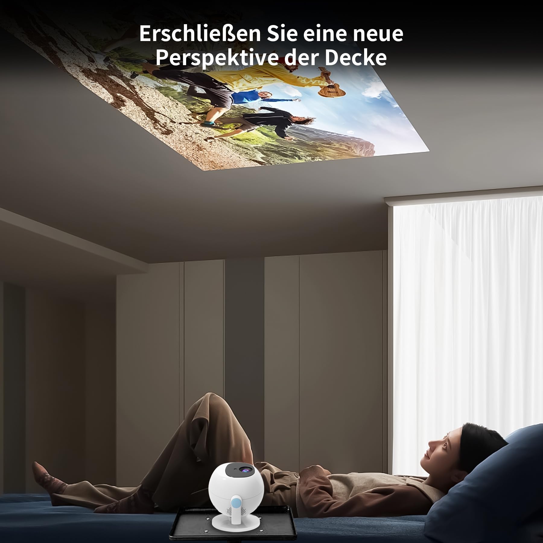 [App integrata e messa a fuoco automatica] Proiettore intelligente, mini proiettore portatile con supporto 4K con rotazione a 360°, 12000 lumen, WiFi e Bluetooth, display LCD, proiettore a soffitto