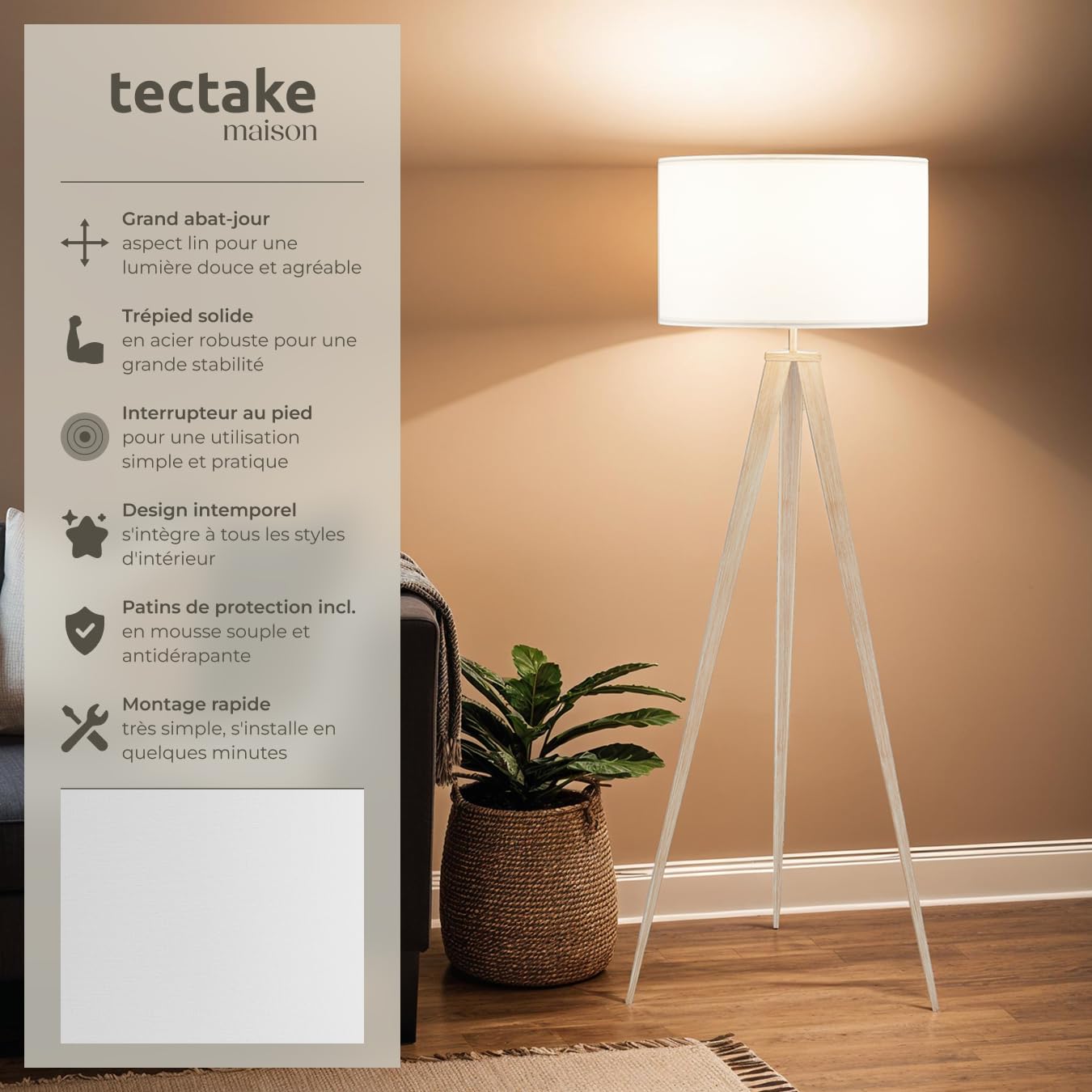 tectake® Lampadaire sur pied salon Lampe sur pied Lampe salon, Luminaire salon moderne Lampe Design scandinave industriel pour Lumière cosy salon, bureau, chambre enfants, lit, chambre - Marron chêne