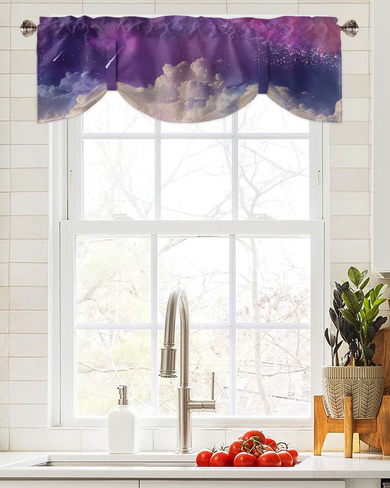 BaoNews Pink Purple Abstract Galaxy Kitchen Valances - 2 Pack, 52"x16", Blackout Polyester Tier Curtains