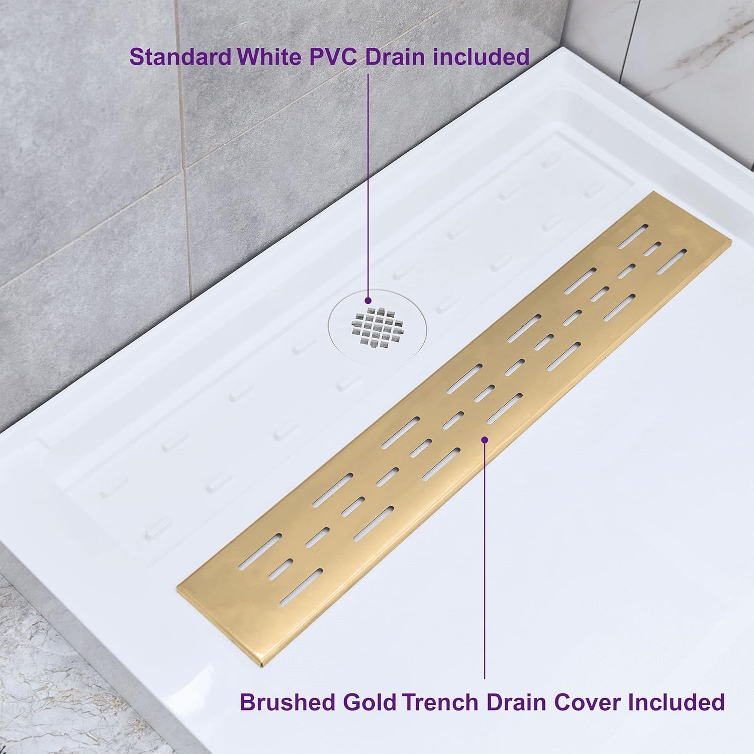 WOODBRIDGE Solid Surface Shower Base with Recessed Trench Side Including White with Brushed Gold Cover Linear Drain Cover L x W x H, 60"L x 32"Wx 4"H,Right Drain,White Color