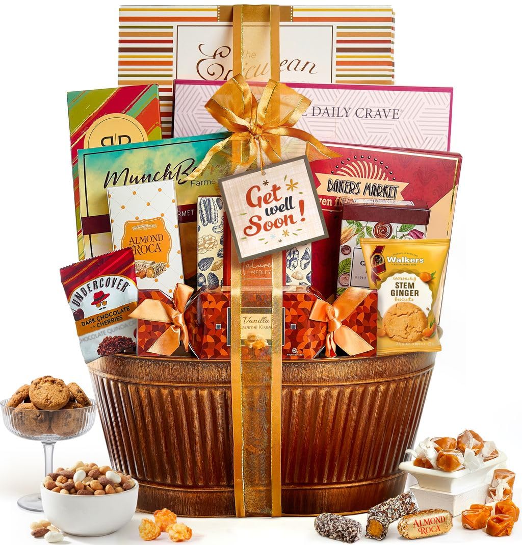 Broadway Basketeers Get Well Basket – Gourmet Care Package with Snacks & Treats - Get Well Soon Gift Baskets for Women, Men After Surgery - Feel Better Best Food Gifts to Send