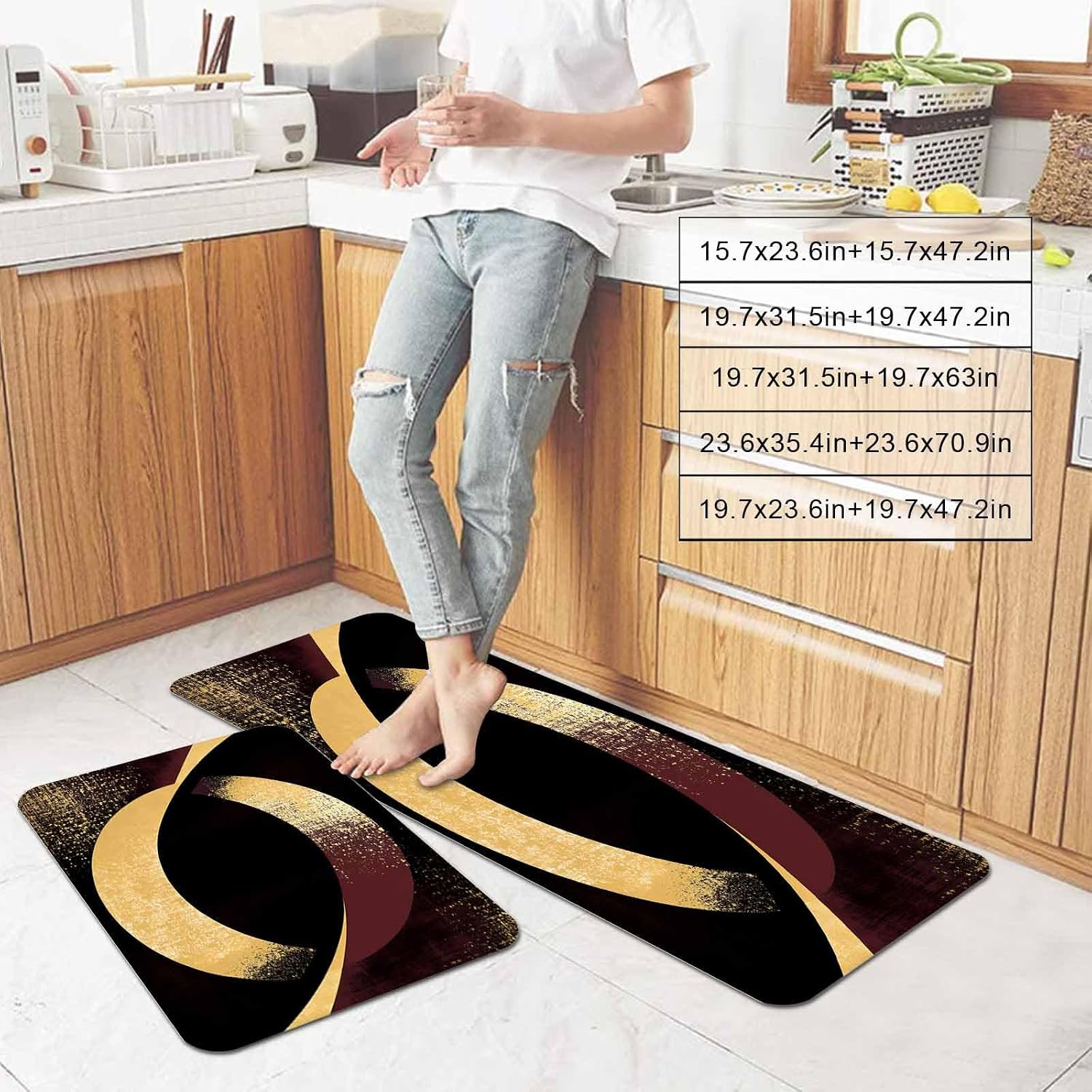 Prime Leader Vintage Art Kitchen Mat Set 2 Pieces Abstract Gold Dark Red Shape Graffiti Non Slip Kitchen Rugs Washable Runner Rug Mats for Sink Laundry (23.6" x 35.4"+23.6" x 70.9")