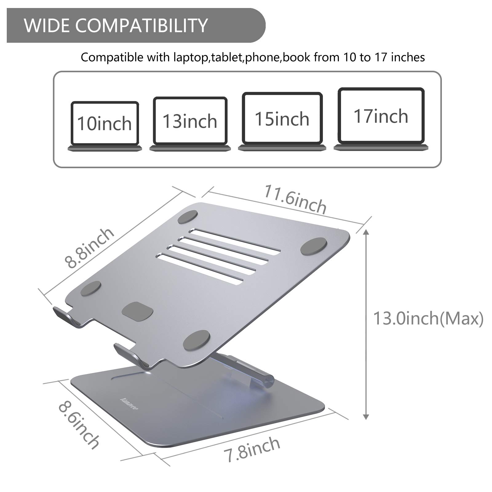 Supporto PC Portatile, Yanavee Regolabile Supporto Notebook, Ergonomico in Alluminio Supporto Laptop Stand Dock Supporto per 10"-17" Notebook e Laptop