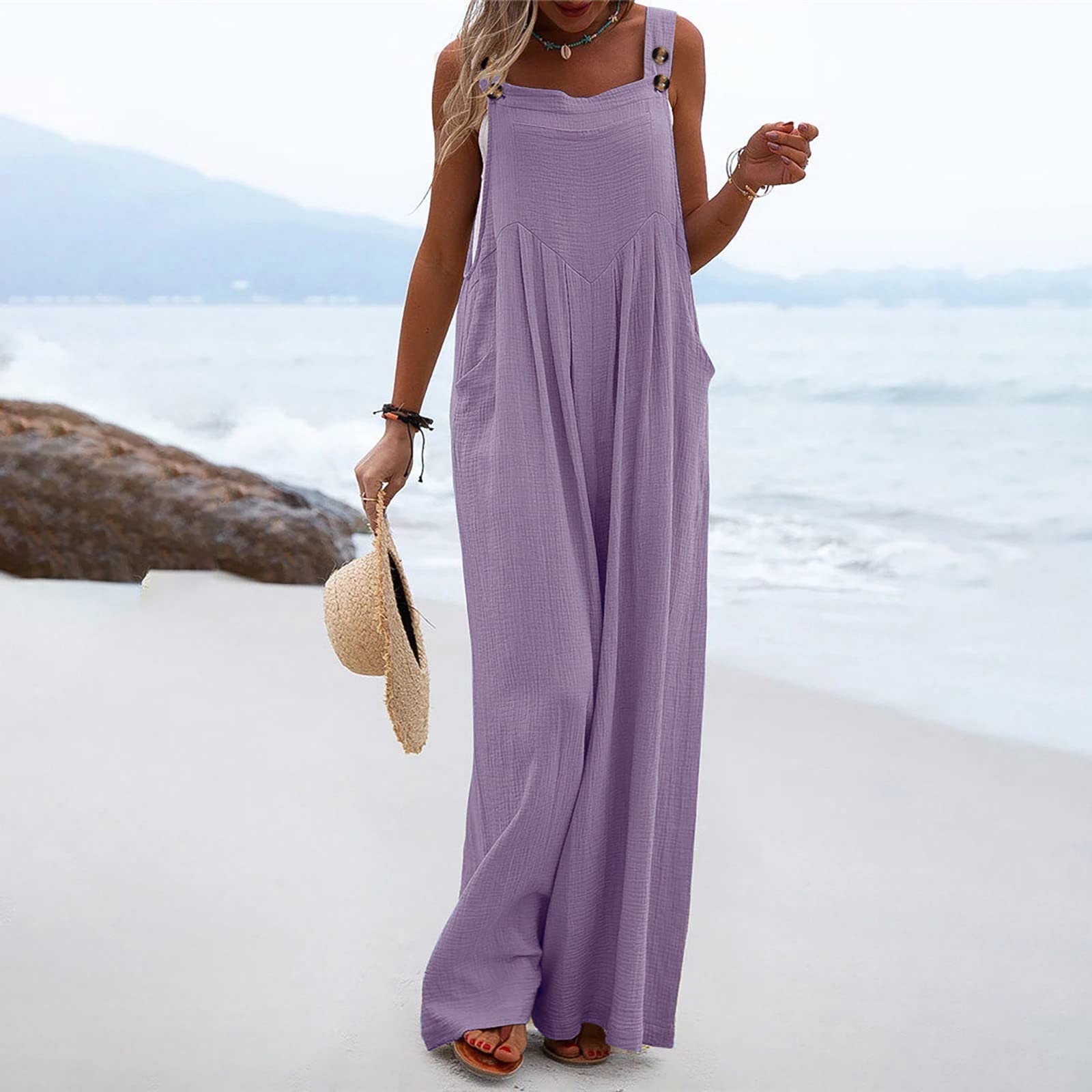 IQYU Tuta estiva da donna, leggera, estiva, lunga, a gamba larga, pantaloni estivi, eleganti e festivi, in stile vintage, pantaloni da spiaggia, salopette, grandi dimensioni, in lino, salopette in